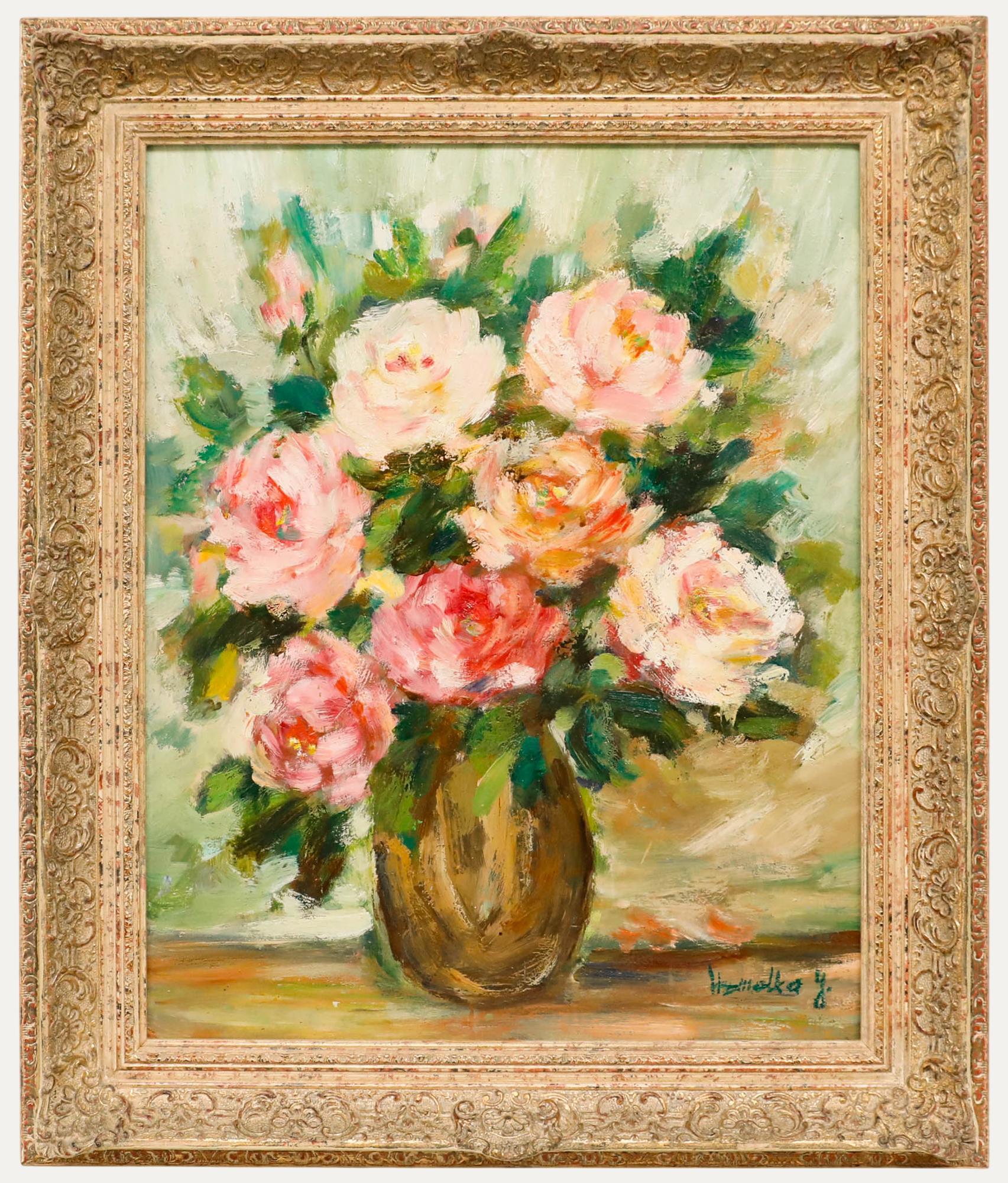 Unknown Still-Life Painting – Jerina Homolka - Gerahmtes Öl des 20. Jahrhunderts, Rosa Pfingstrosen