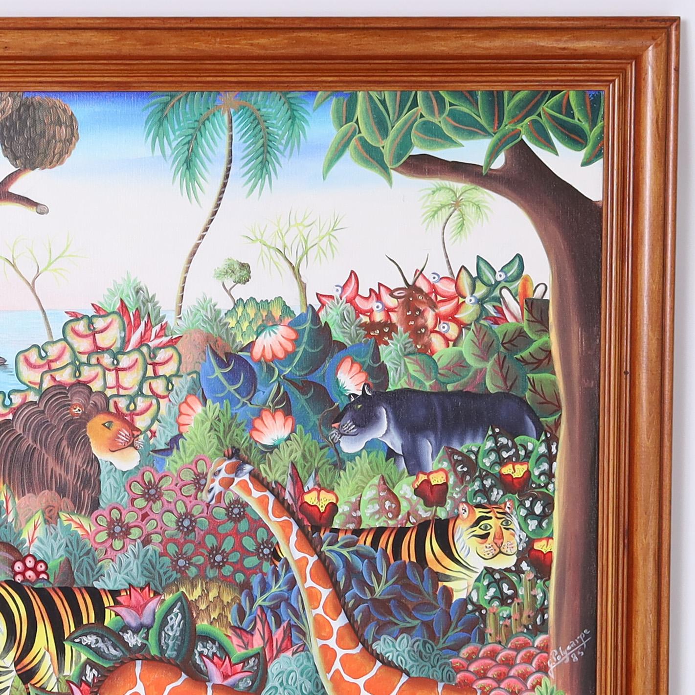 Jerome Polycarpe Haitianisches Vintage-Gemälde auf Leinwand auf einem Dschungel mit Tieren, Vintage (Volkskunst), Painting, von Unknown