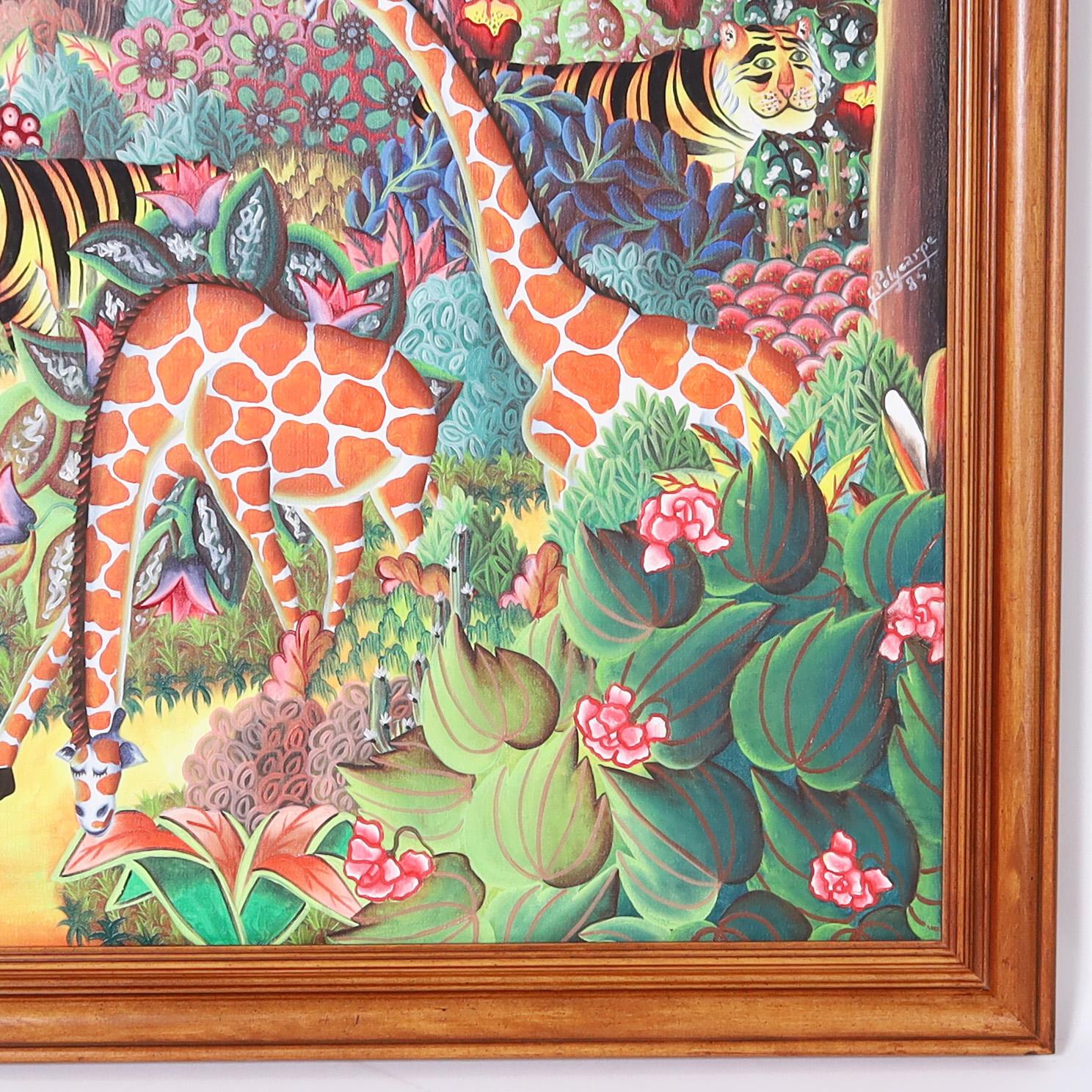 Großes auffallendes haitianisches Acrylgemälde auf Leinwand einer üppigen Dschungelszene mit Tieren, Bäumen und Blumen, ausgeführt in einem unverwechselbaren naiven Stil, signiert vom bekannten Künstler Jerome Polycarpe und präsentiert in einem