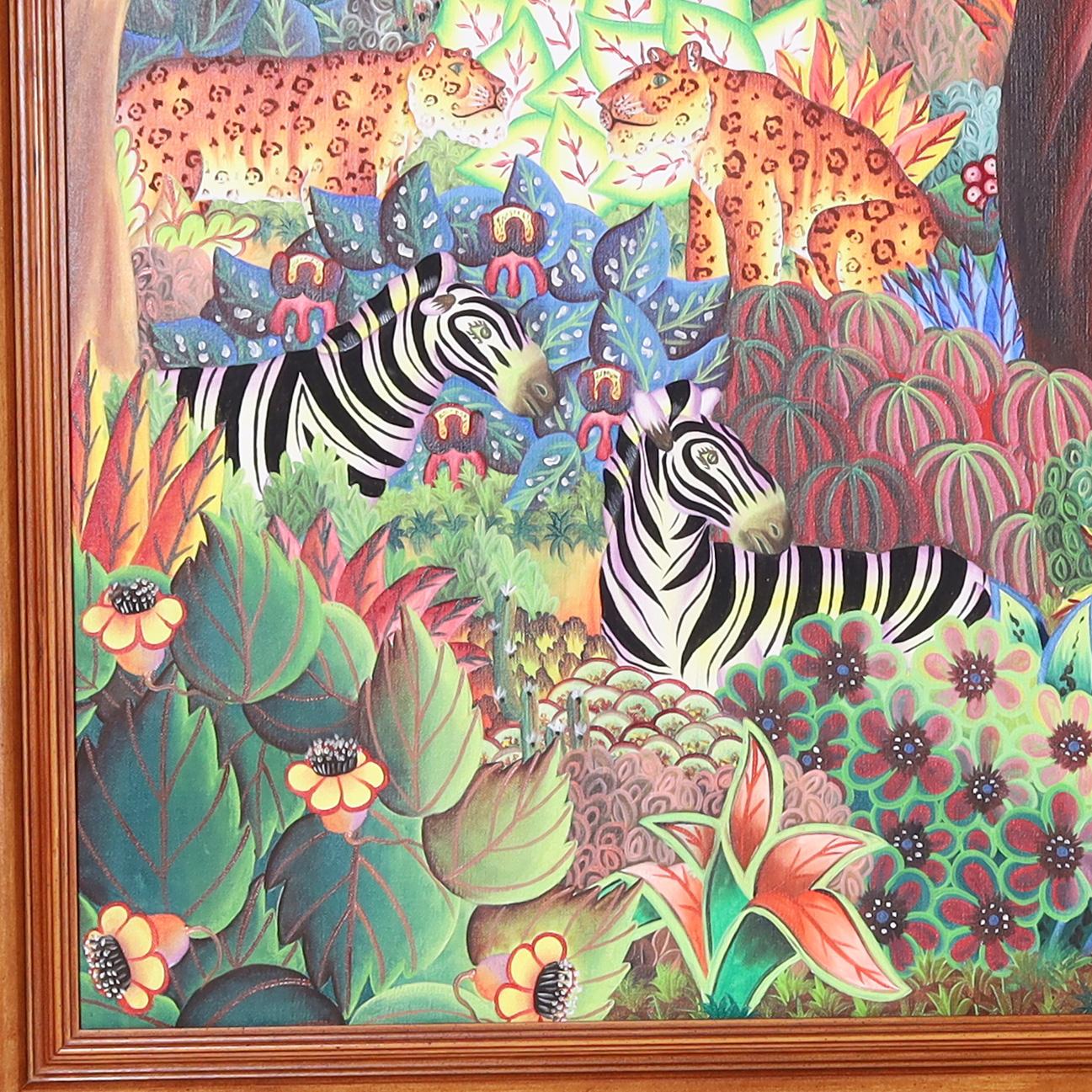 Grande dipinto in acrilico su tela di Haiti, raffigurante una lussureggiante scena di giungla con animali, alberi e fiori, eseguito in un caratteristico stile naif, firmato dal noto artista Jerome Polycarpe e presentato in una cornice di legno.