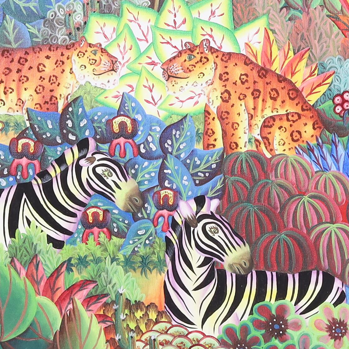 Jerome Polycarpe Haitianisches Vintage-Gemälde auf Leinwand auf einem Dschungel mit Tieren, Vintage im Angebot 2