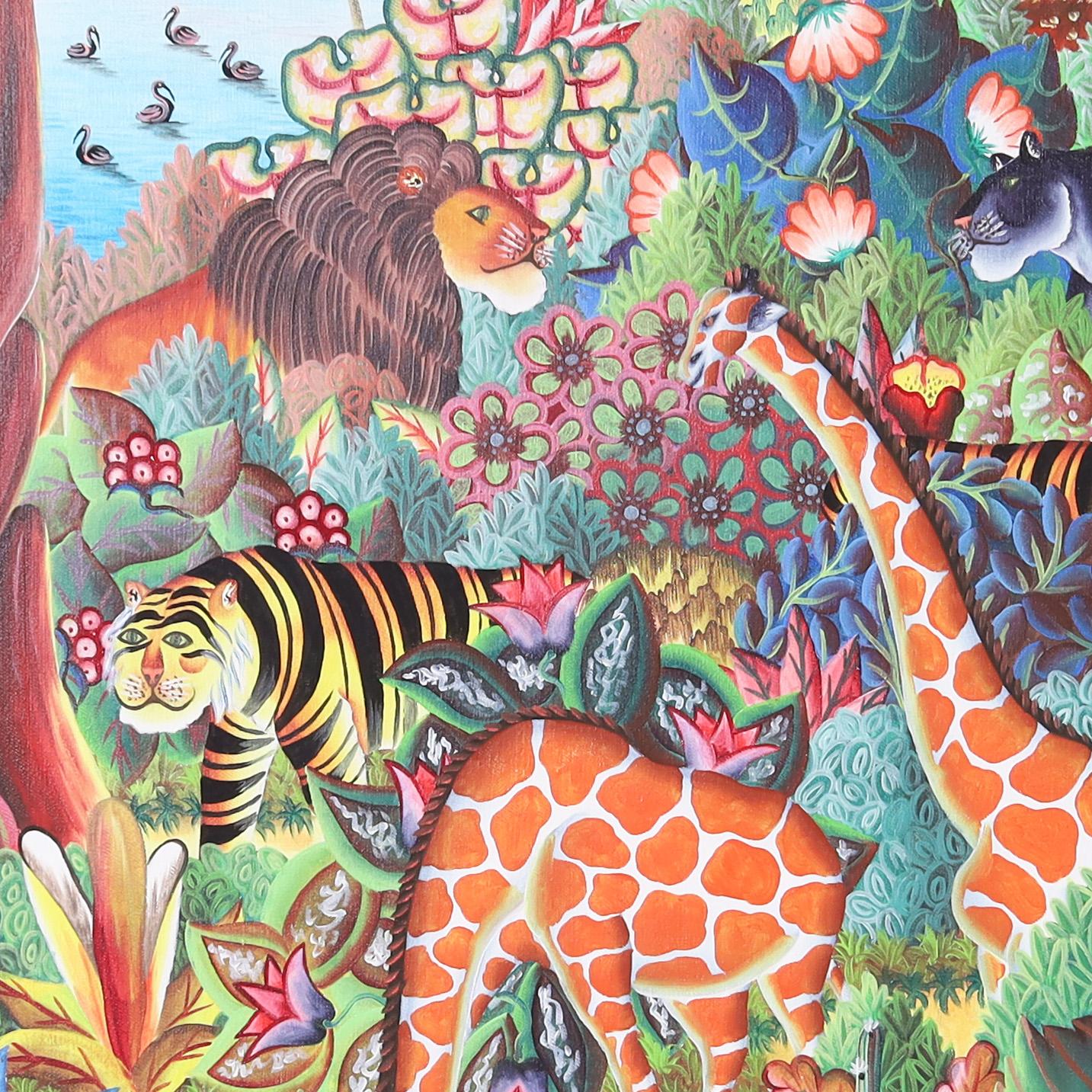 Jerome Polycarpe Haitianisches Vintage-Gemälde auf Leinwand auf einem Dschungel mit Tieren, Vintage im Angebot 3