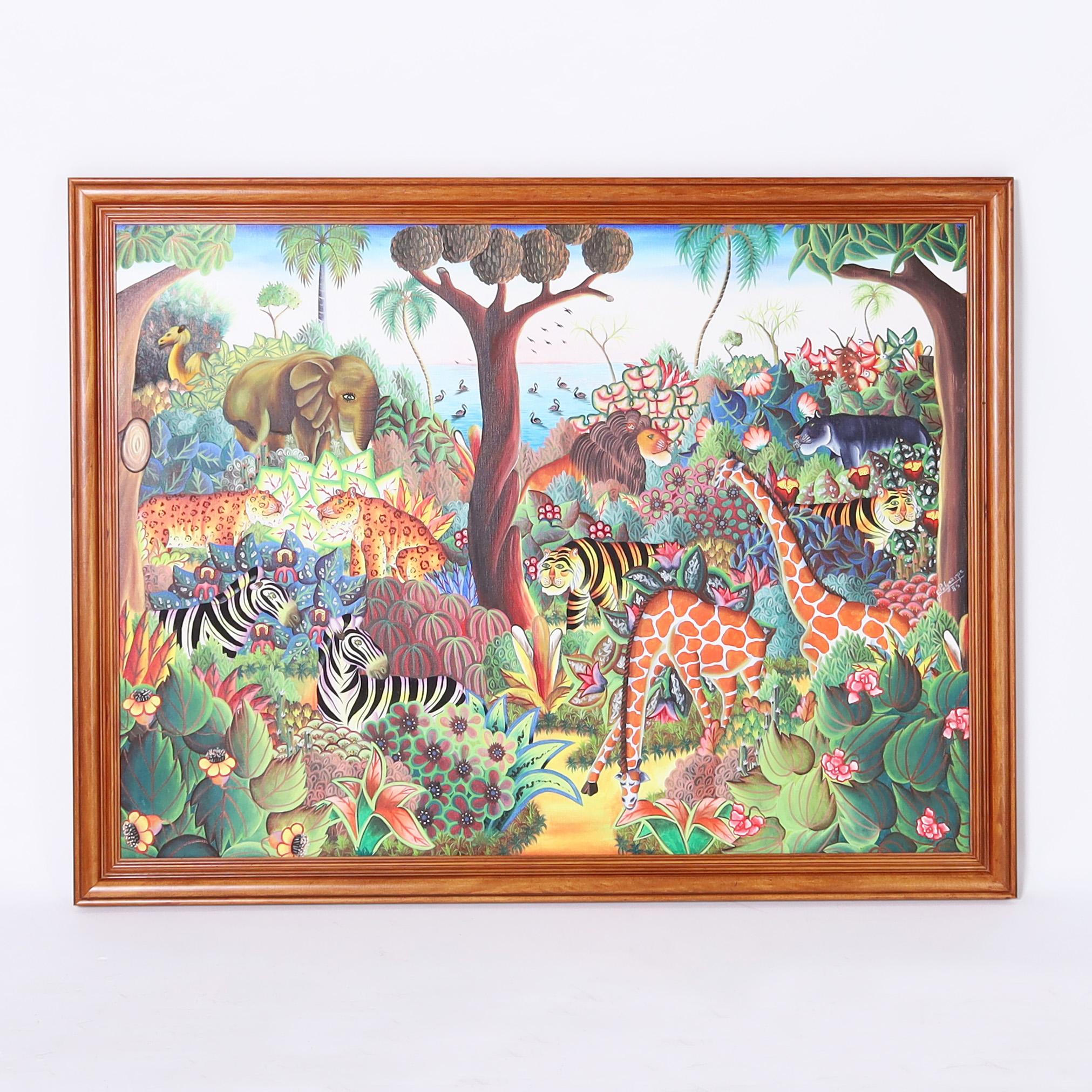 Unknown Animal Painting – Jerome Polycarpe Haitianisches Vintage-Gemälde auf Leinwand auf einem Dschungel mit Tieren, Vintage