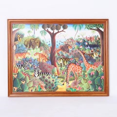 Jerome Polycarpe, peinture haïtienne vintage sur toile sur un Jungle avec animaux