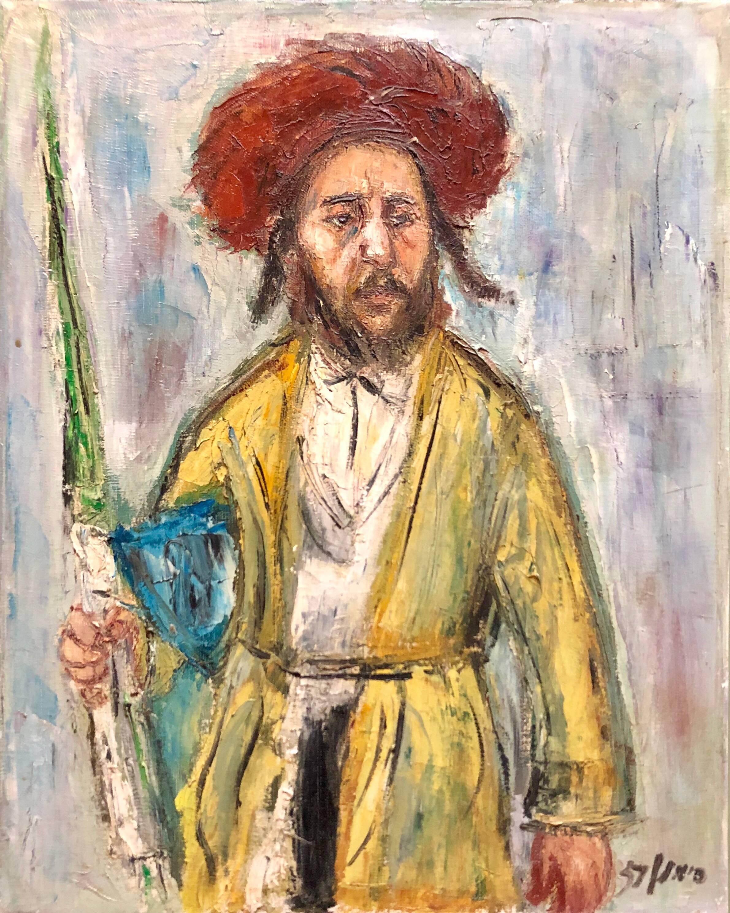 Jerusalem Hasidic Rabbi with Lulav and Etrog Judaica Oil Painting Hebrew Signed - Beige Portrait Painting by Unknown