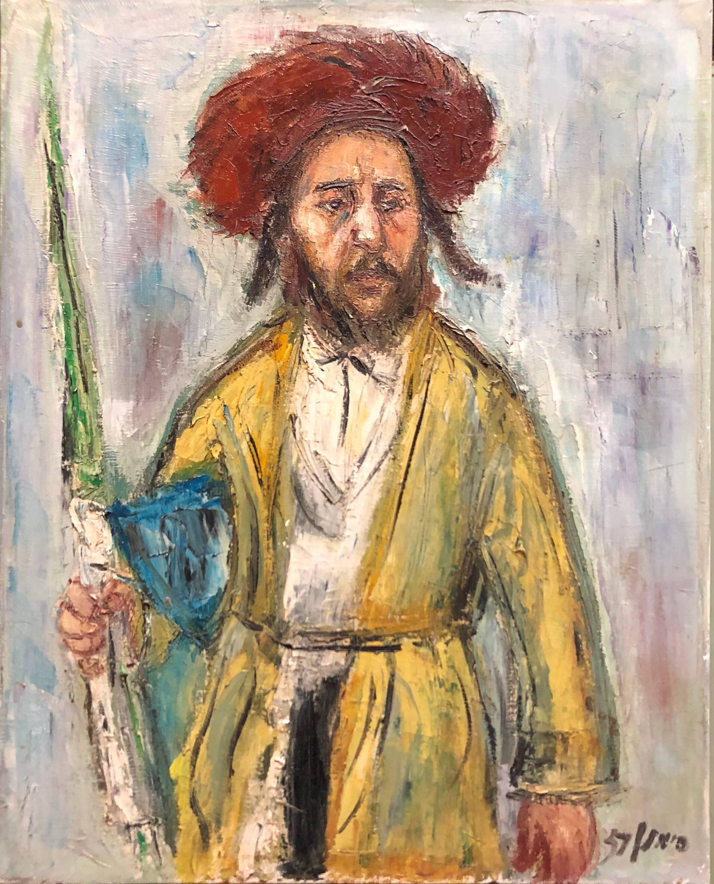 Unknown Portrait Painting - Jerusalem Hasidic Rabbi with Lulav and Etrog Judaica Oil Painting Hebrew Signed