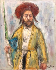 Jerusalem Hasidic Rabbi with Lulav and Etrog Judaica Oil Painting Hebrew Signed