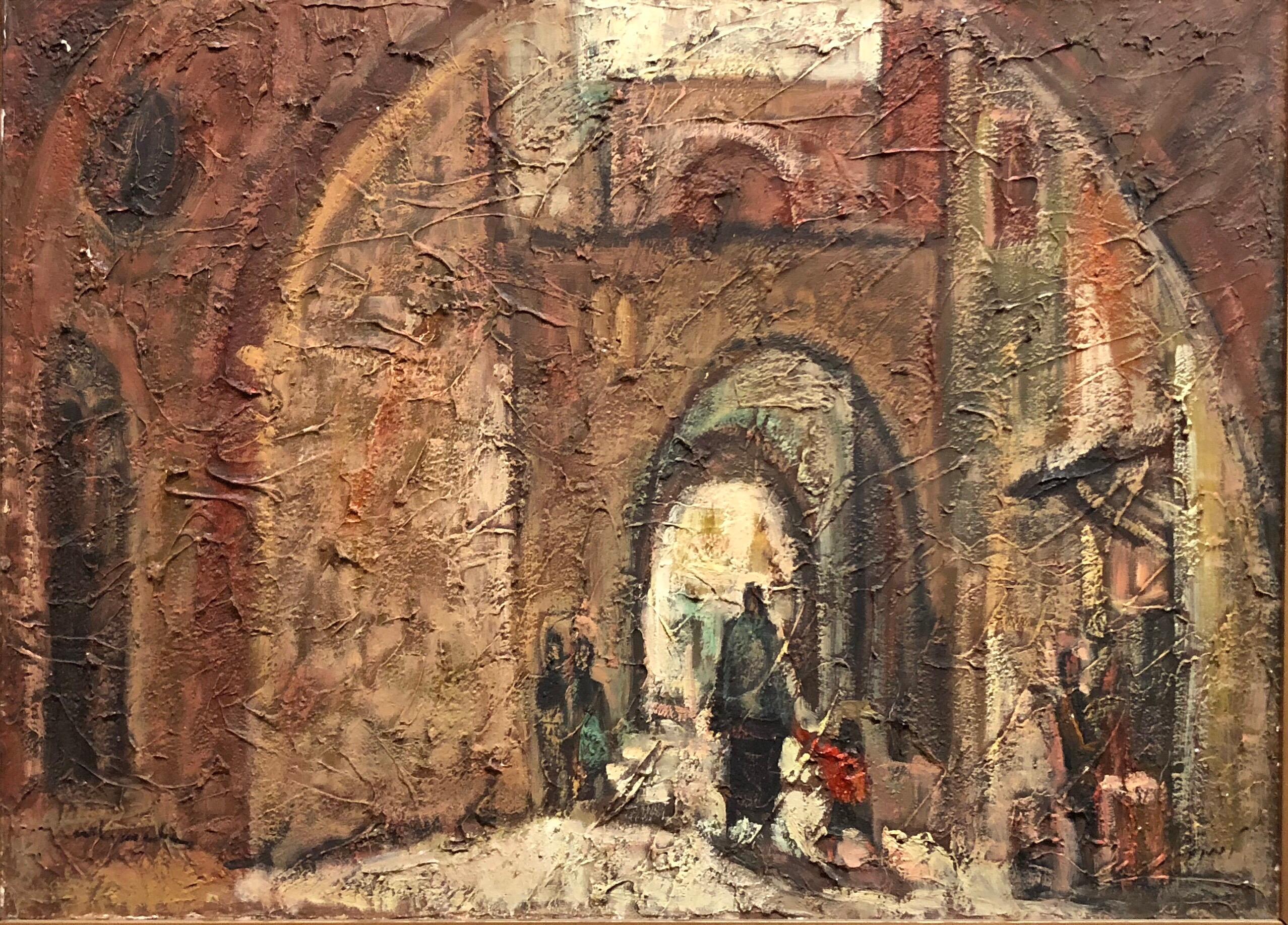 Peinture à l'huile moderniste israélienne de la vieille ville de Jérusalem, signée en hébreu - Painting de Unknown