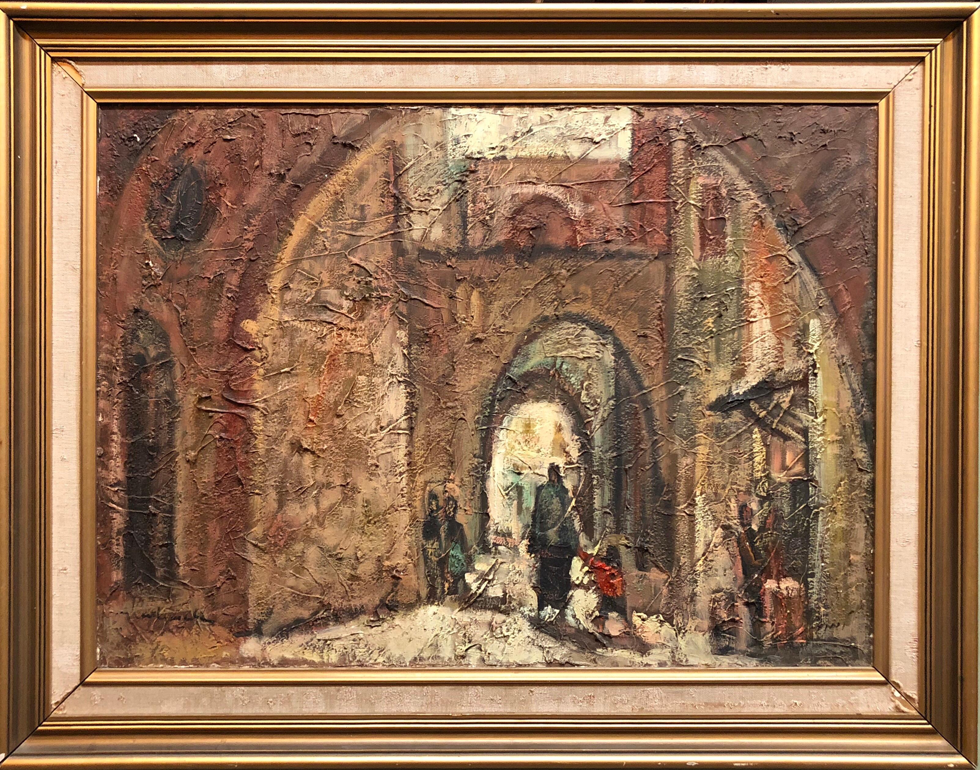 Landscape Painting Unknown - Peinture à l'huile moderniste israélienne de la vieille ville de Jérusalem, signée en hébreu