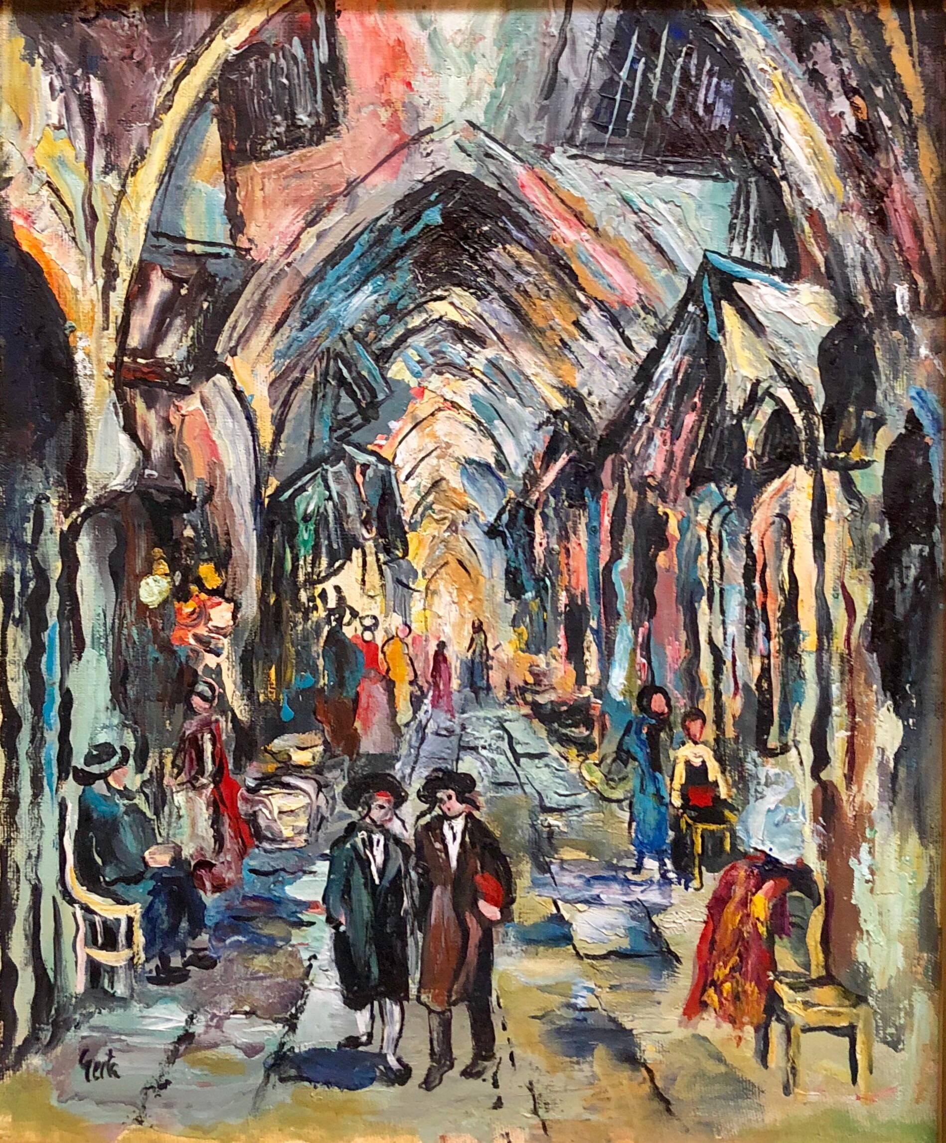 Unknown Landscape Painting - Jerusalem Old City Market Scene Shuk Modernist Oil Painting