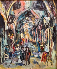 Jerusalem Old City Market Scene Shuk Modernist Oil Painting