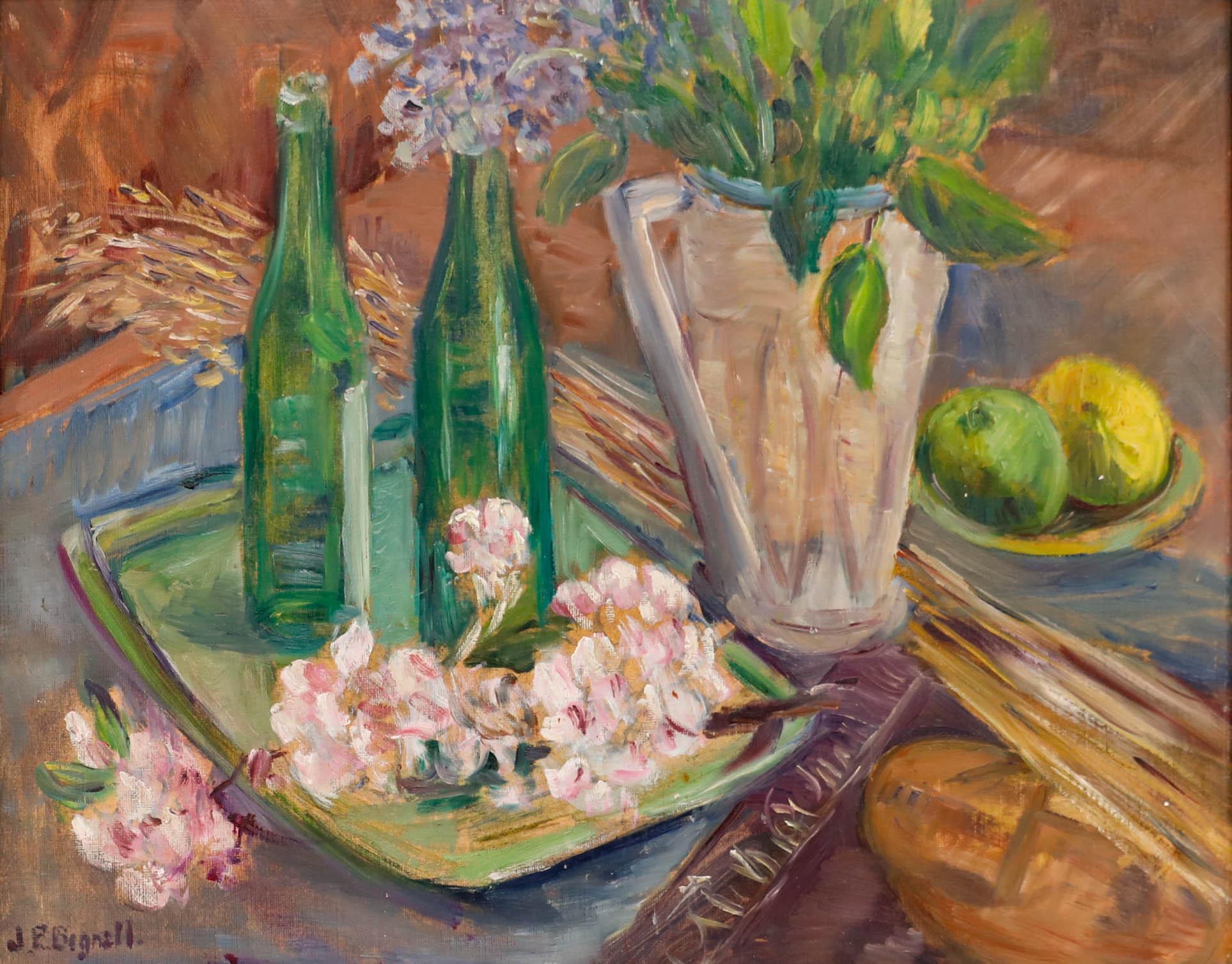 Jessie Page Bignell (1896-1992) - Huile, fleurs et bouteilles, 20e siècle - Painting de Unknown