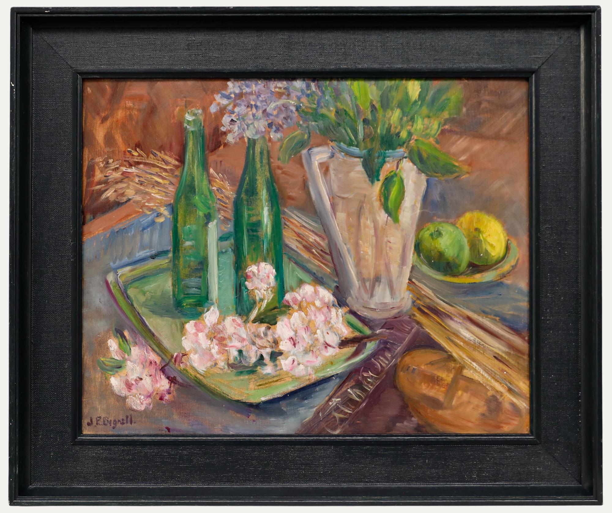 Still-Life Painting Unknown - Jessie Page Bignell (1896-1992) - Huile, fleurs et bouteilles, 20e siècle
