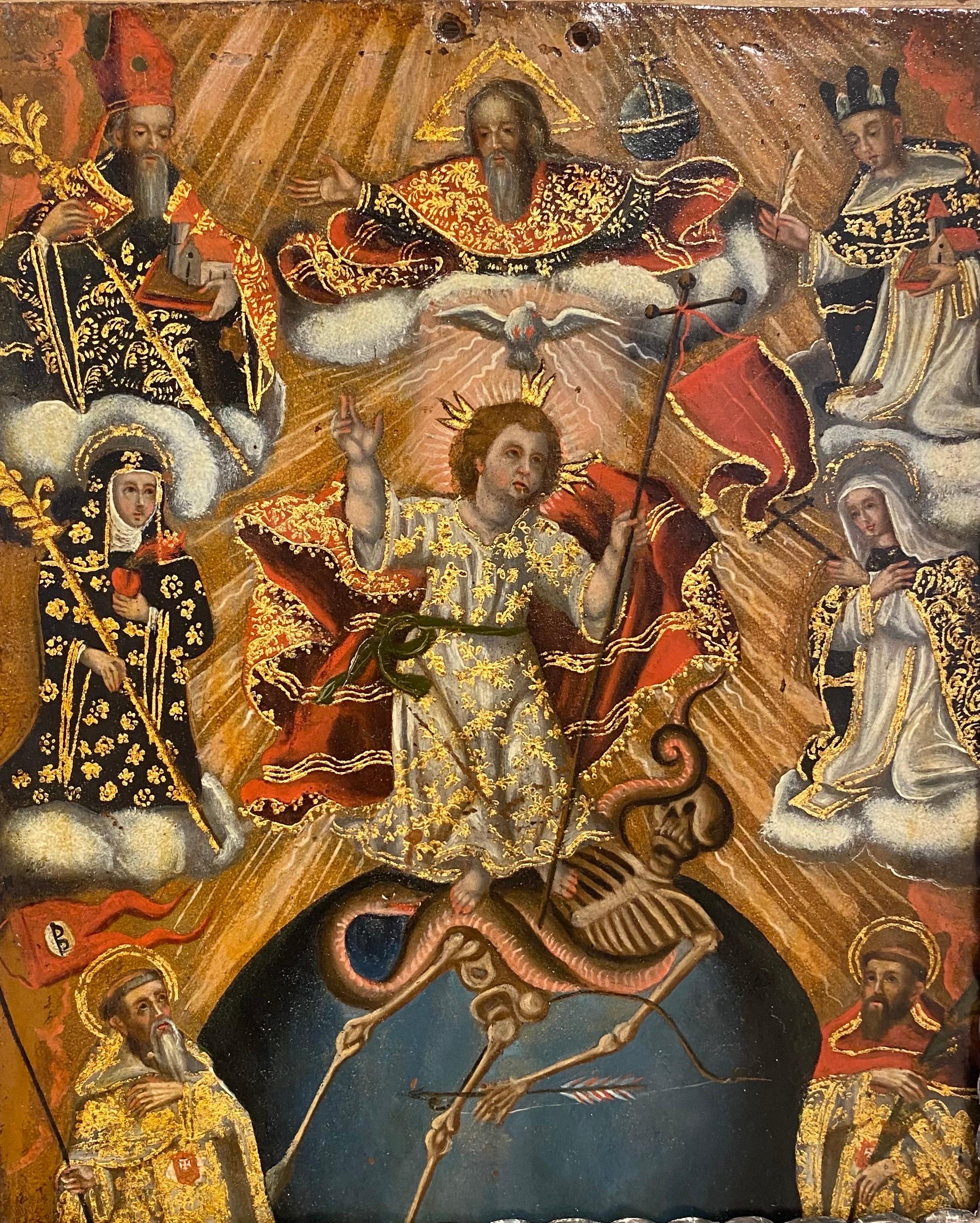 Jesus with the ball of the world and the saints - Painting by Unknown