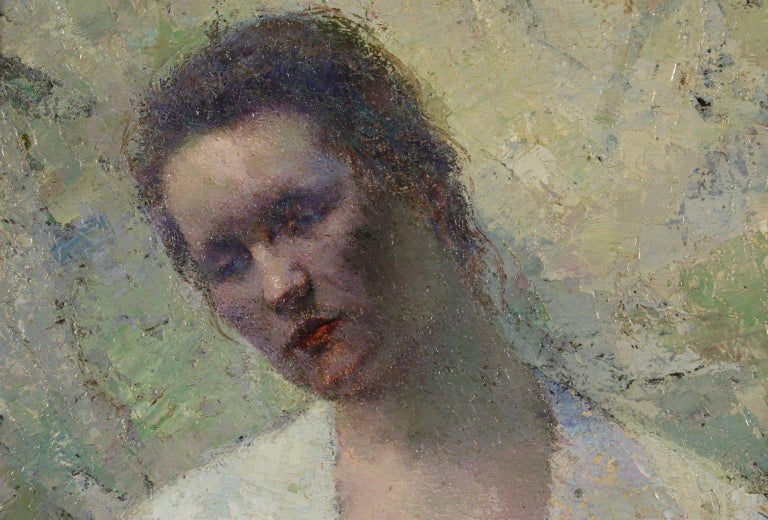 Jeune Femme - Impressionist School, Eastern European Portrait of a Woman  - Gray Figurative Painting by Unknown