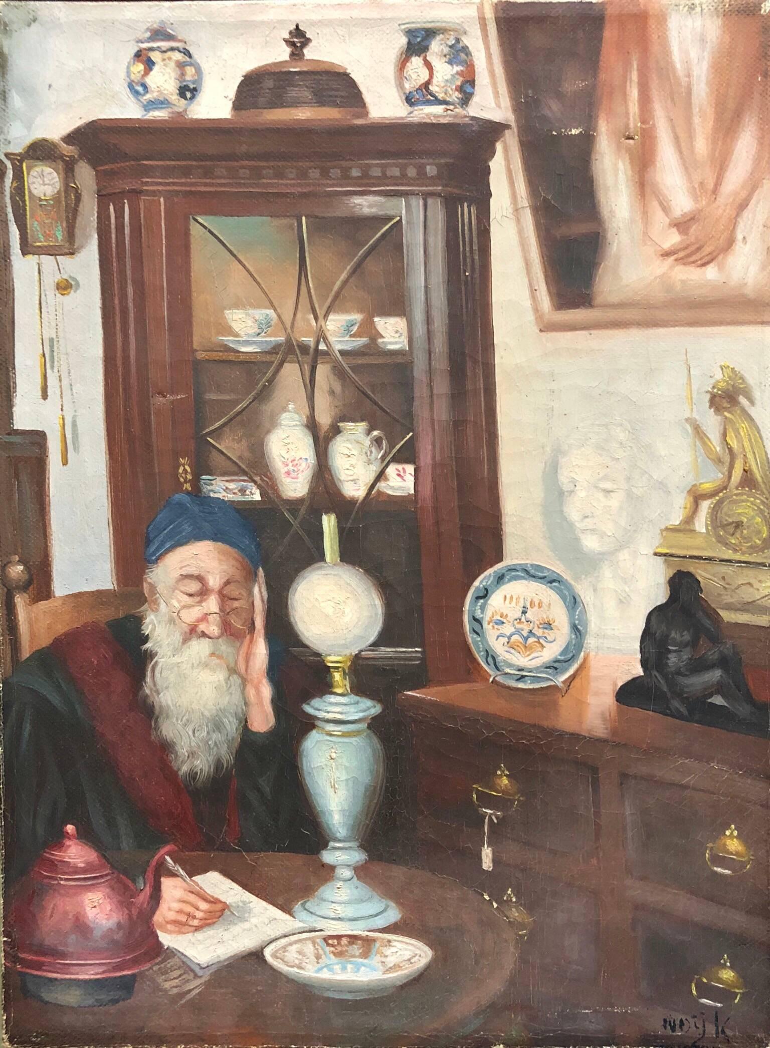 Unknown Figurative Painting - Jewish Antique Dealer, Judaica Oil Painting