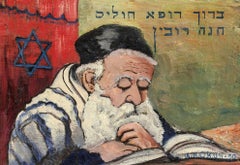 Jewish Folk Art Painting "Blessed is the Healer of the Sick" Rabbi at Prayer