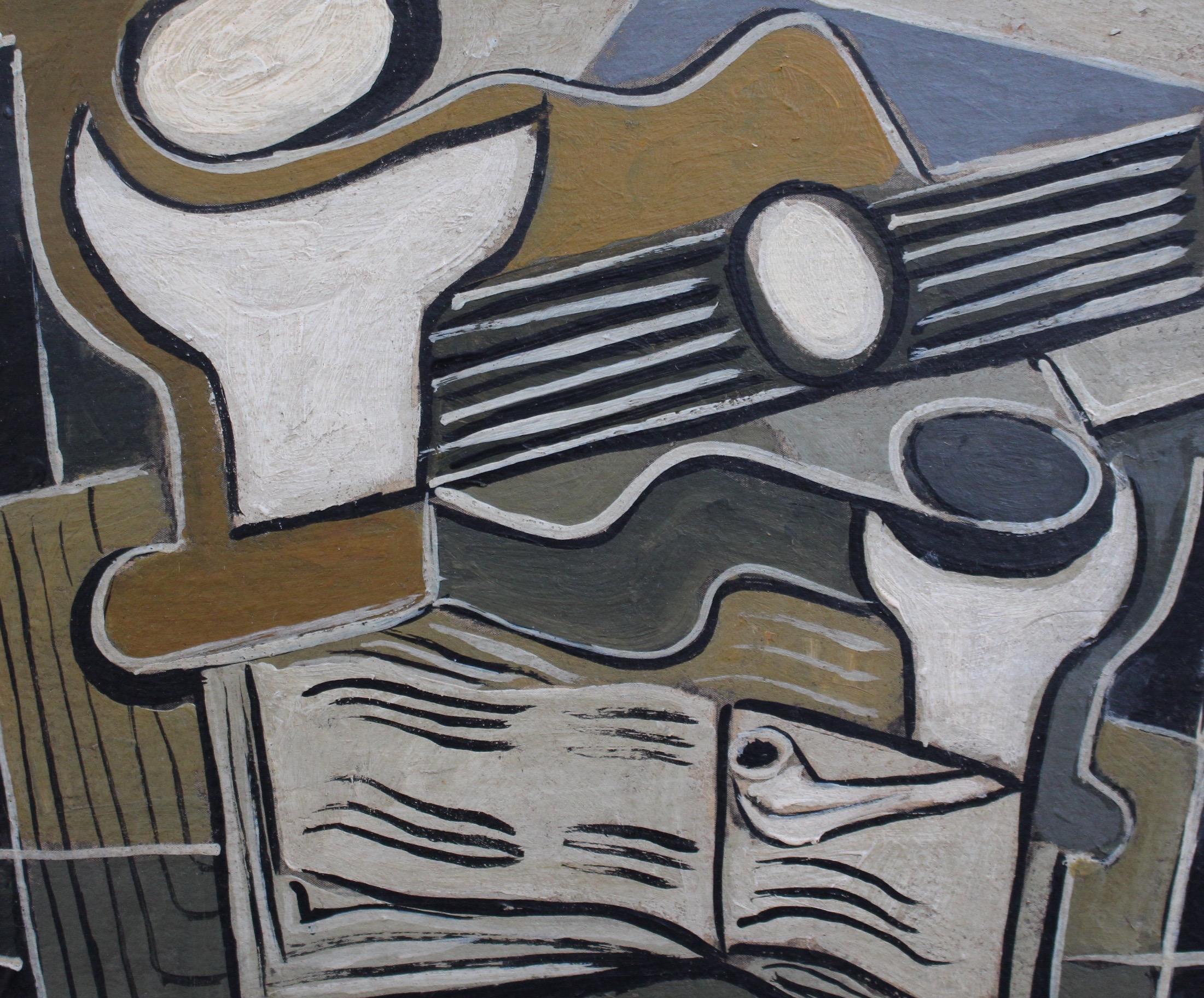 J.G., 'Still Life with Guitar, Book, Pipe and Bottle', Cubist Oil Painting 2