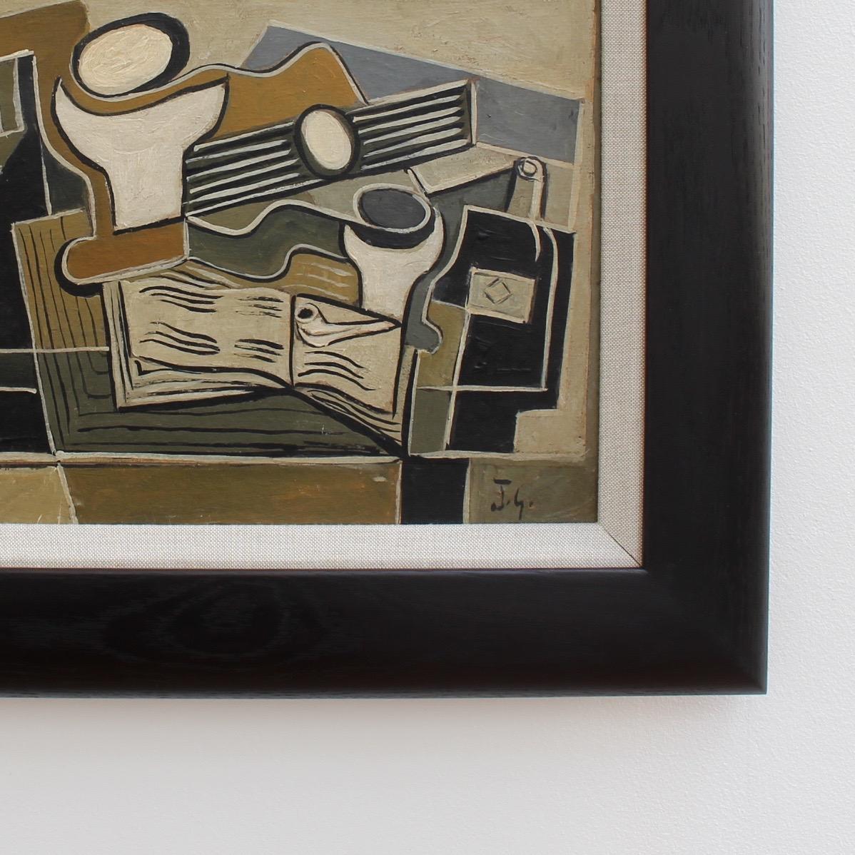 J.G., 'Still Life with Guitar, Book, Pipe and Bottle', Cubist Oil Painting 3