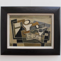 J.G., 'Still Life with Guitar, Book, Pipe and Bottle', Cubist Oil Painting