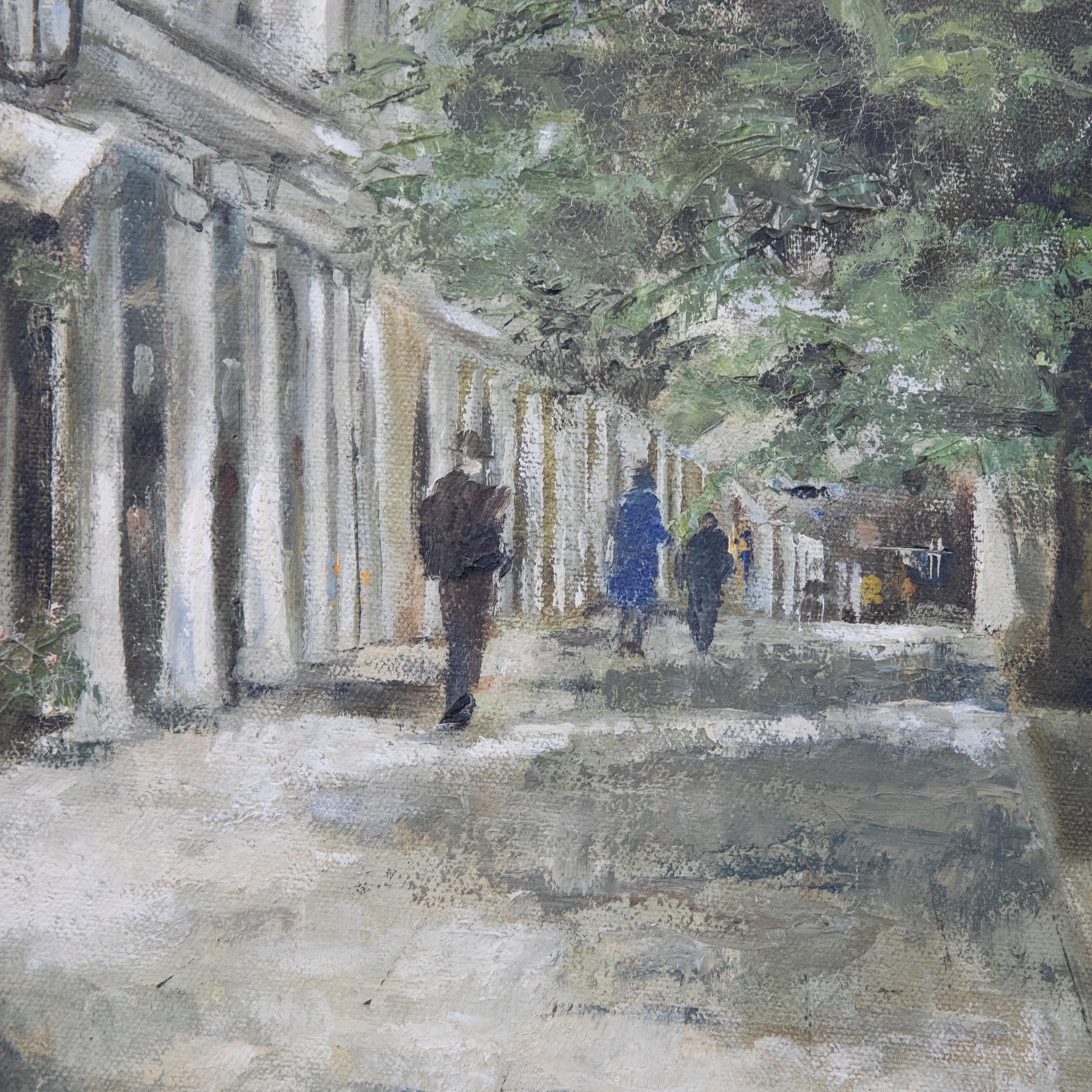 A charming street scene depicting people wondering the shaded The Pantiles in Tunbridge Wells. Signed to the lower right. Presented in a wooden frame with painted gilt outer edges. On board.
