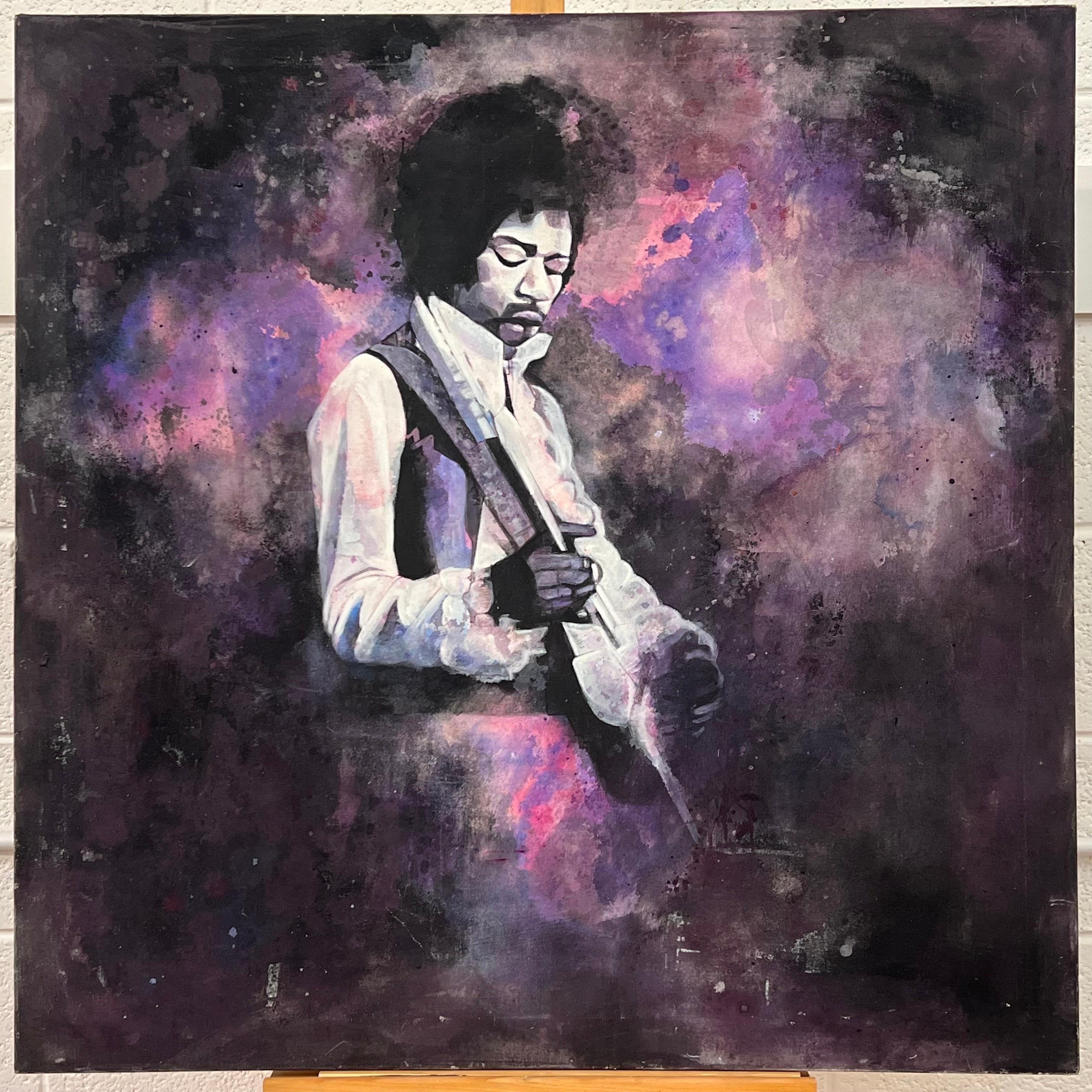Jimmy Hendrix Portrait Playing Guitar on Purple Tie Dye Canvas by British Artist - Painting by Unknown