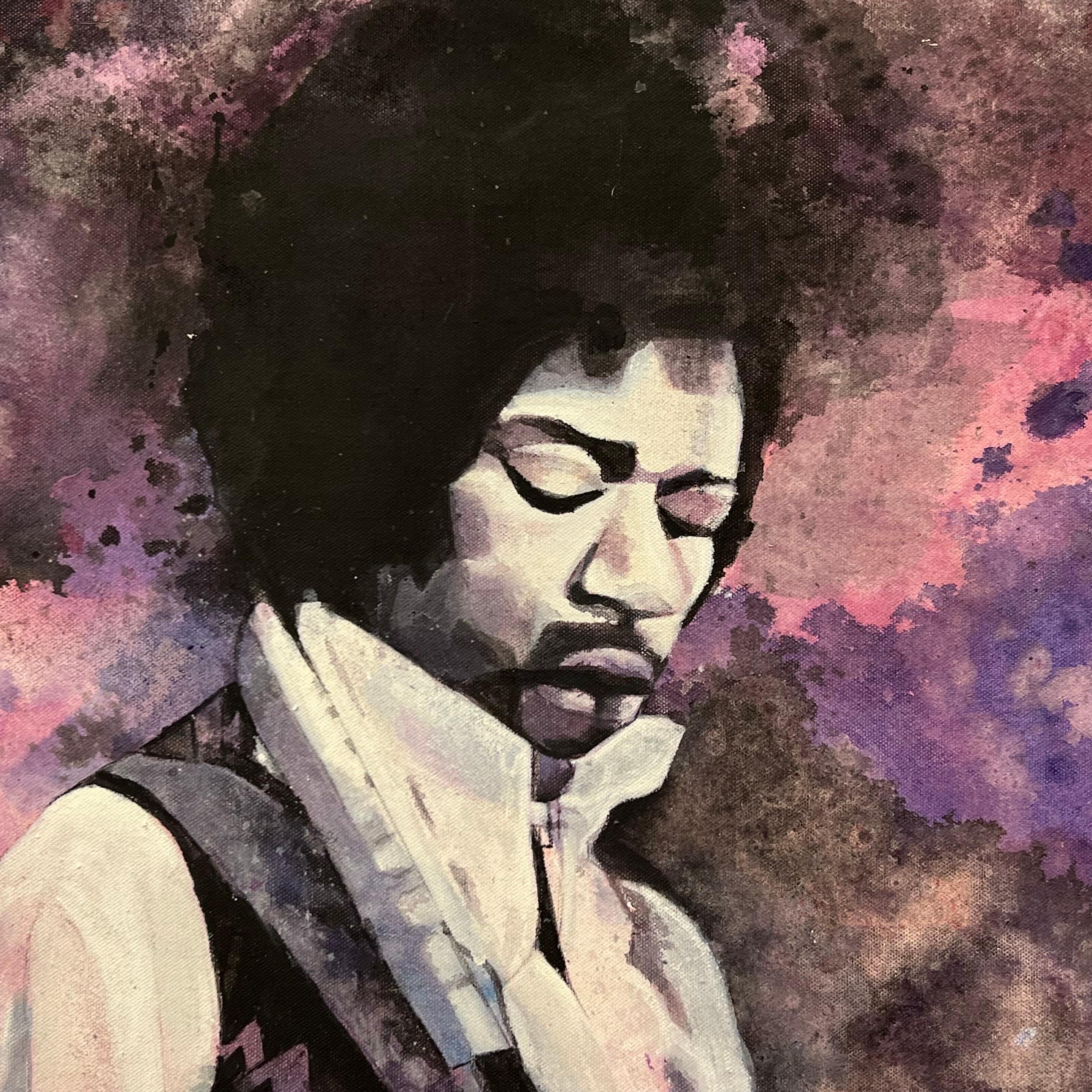 Jimmy Hendrix Portrait Playing Guitar on Purple Ink & Tie Dye Canvas by British Artist

36 x 36 inches 