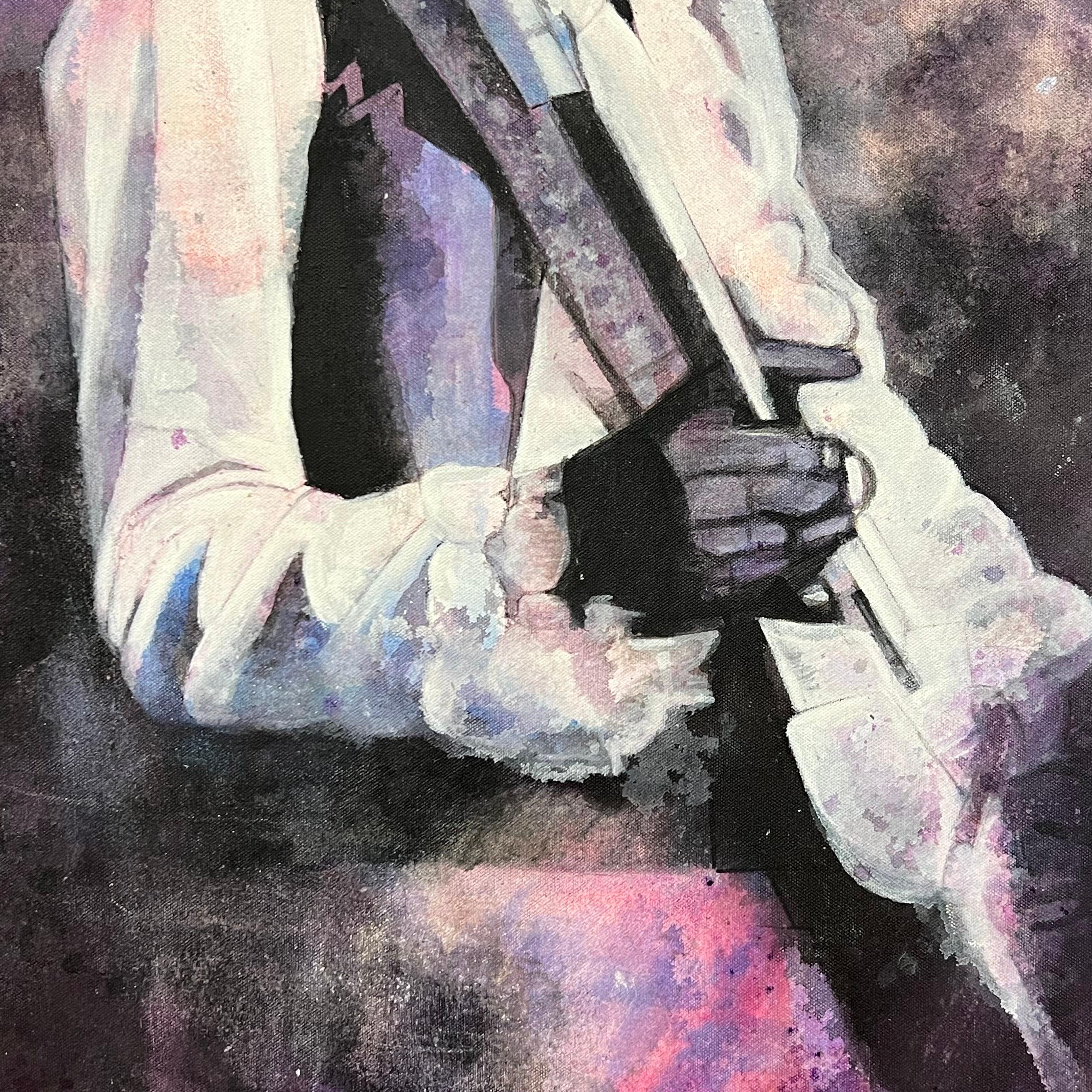 Jimmy Hendrix Portrait Playing Guitar on Purple Tie Dye Canvas by British Artist For Sale 1