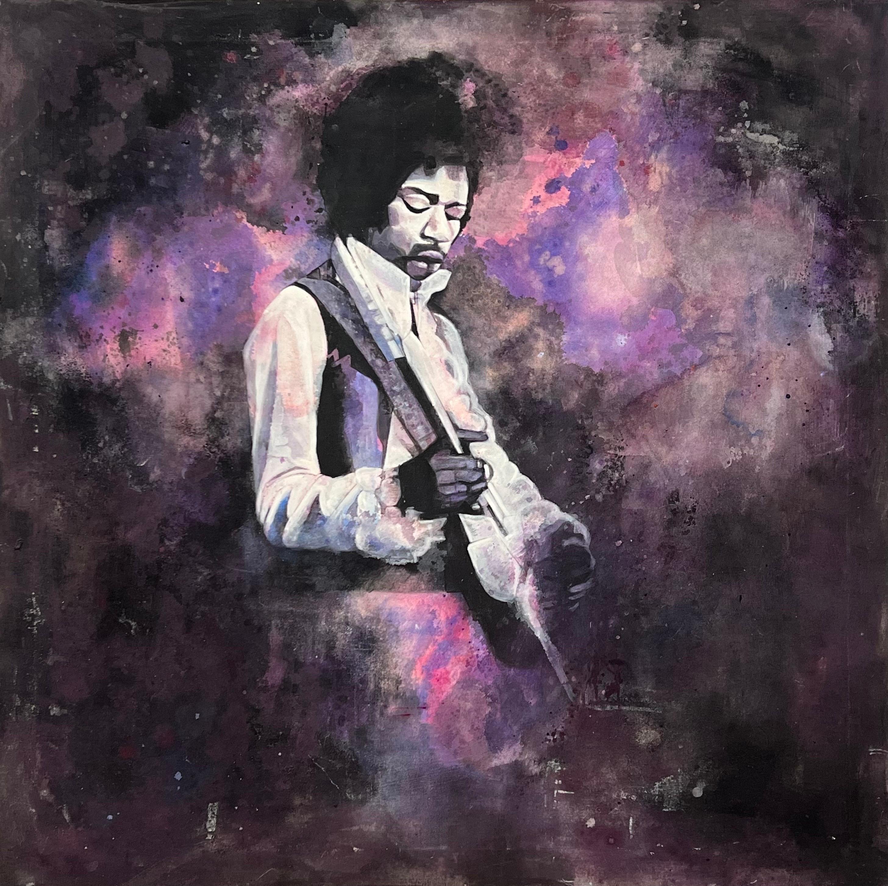 Unknown Portrait Painting - Jimmy Hendrix Portrait Playing Guitar on Purple Tie Dye Canvas by British Artist