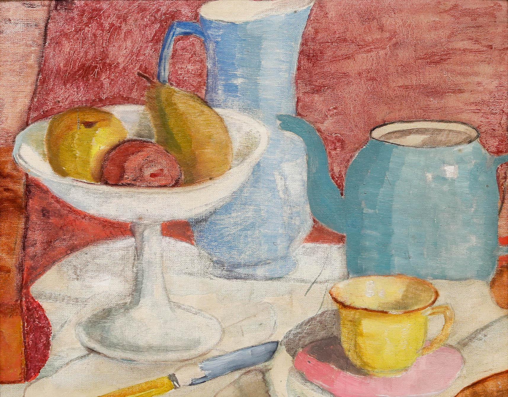 Joan Kisby - Óleo del siglo XX, frutero y tetera azul - Painting de Unknown