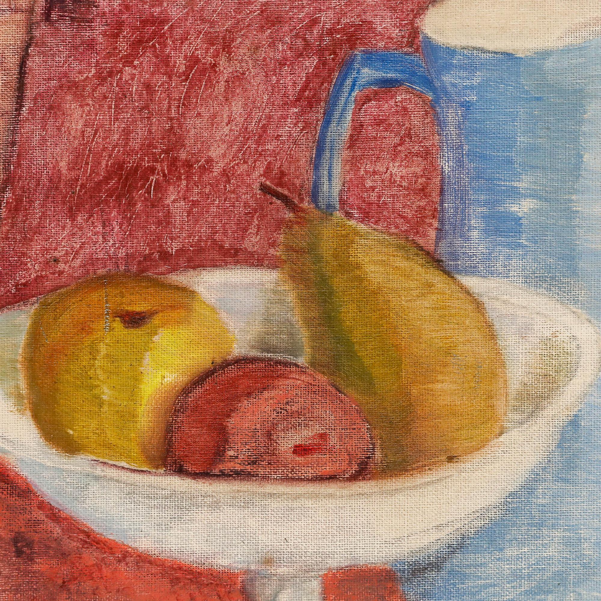 Joan Kisby - Óleo del siglo XX, frutero y tetera azul - Still-Life Painting Gris de Unknown