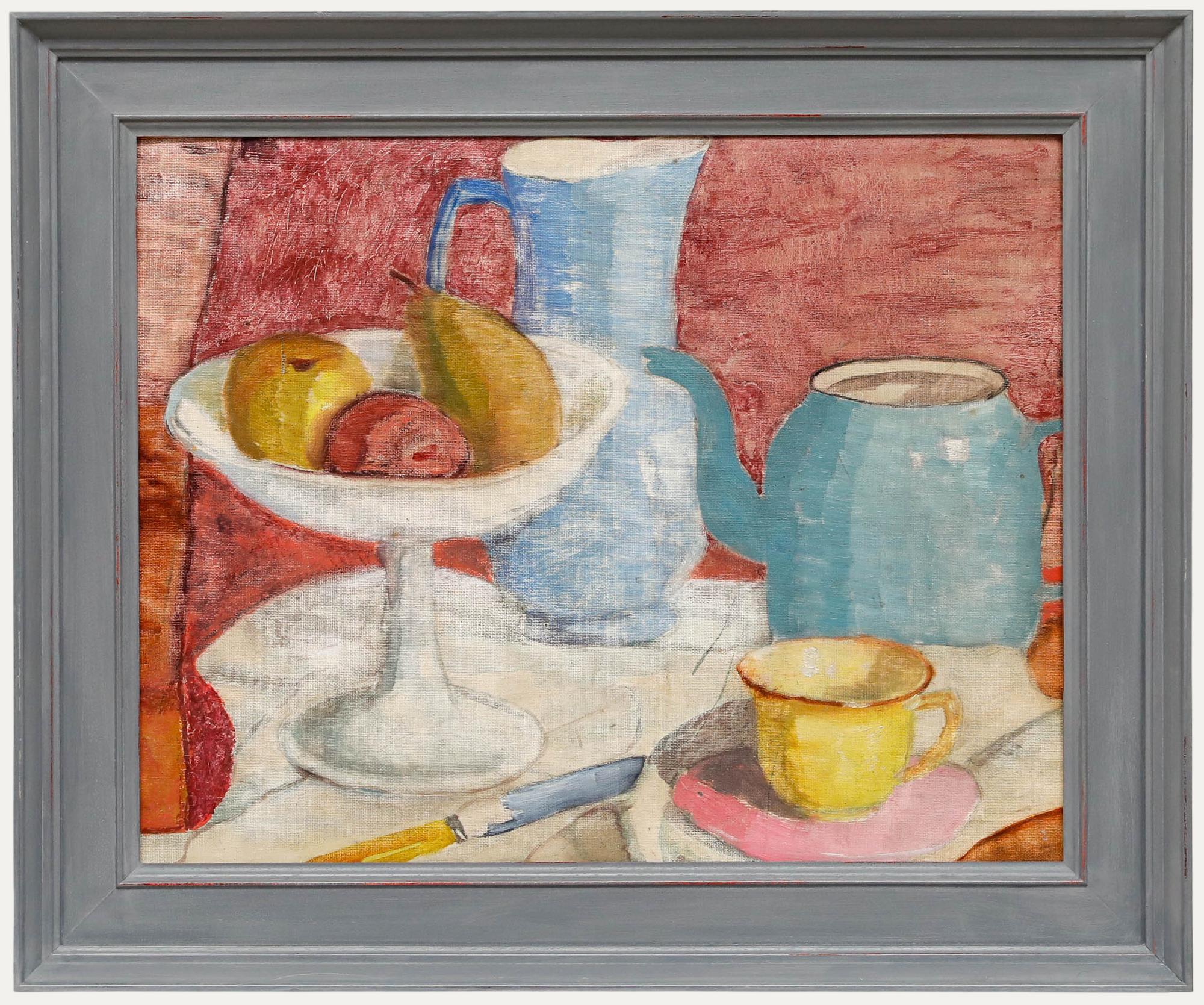 Still-Life Painting de Unknown - Joan Kisby - Óleo del siglo XX, frutero y tetera azul