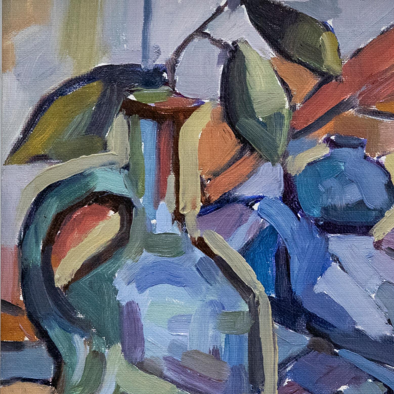 A vibrant abstract study depicting a blue jug holding flowers. The artist capture the still life in expressive abstract shapes in a soft colour palette. Signed to the lower right. Presented in a light wooden frame and painted slip. Artist label