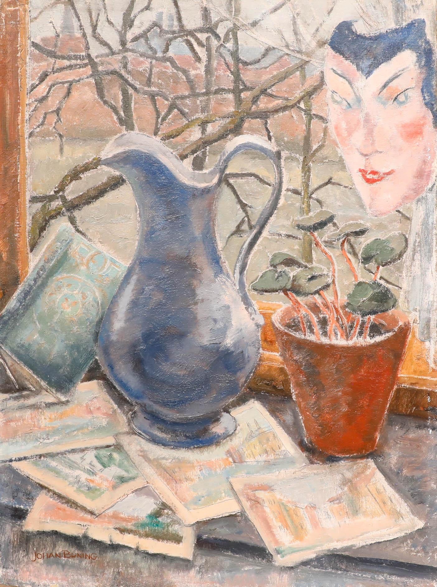Johan Buning (1893-1963) - Óleo de mediados del siglo XX, Bodegón con máscara veneciana - Painting de Unknown