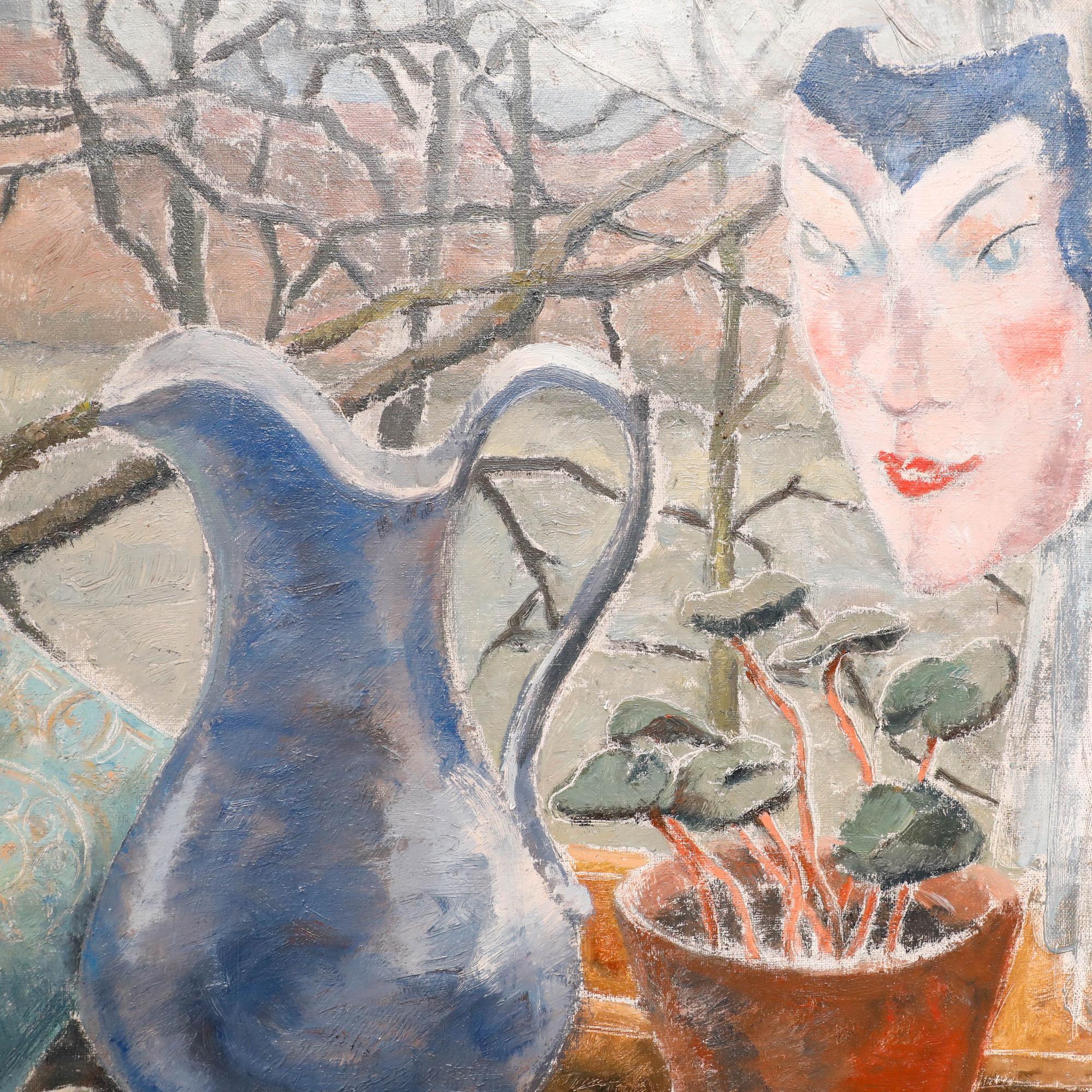 Un intrigante bodegón de Johan Buning (1893-1963), con una jarra de cobalto vidriado, una planta de dinero china y una máscara veneciana. Debajo de la jarra, hay un grupo de pequeños dibujos esparcidos por la mesa, que añaden un elemento de