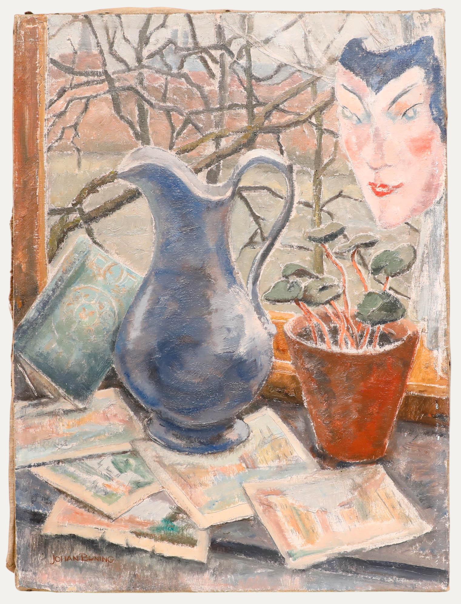 Still-Life Painting de Unknown - Johan Buning (1893-1963) - Óleo de mediados del siglo XX, Bodegón con máscara veneciana