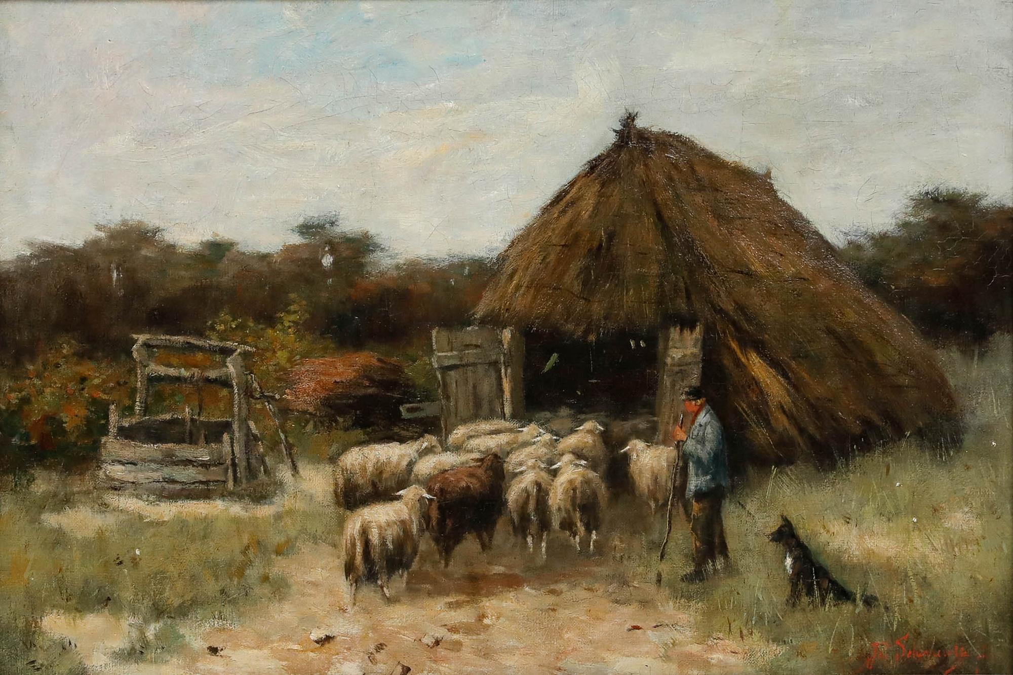 Johan Scherrewitz (1868-1951) - Framed Late 19th Century Oil, The Sheepfold - Painting by Unknown