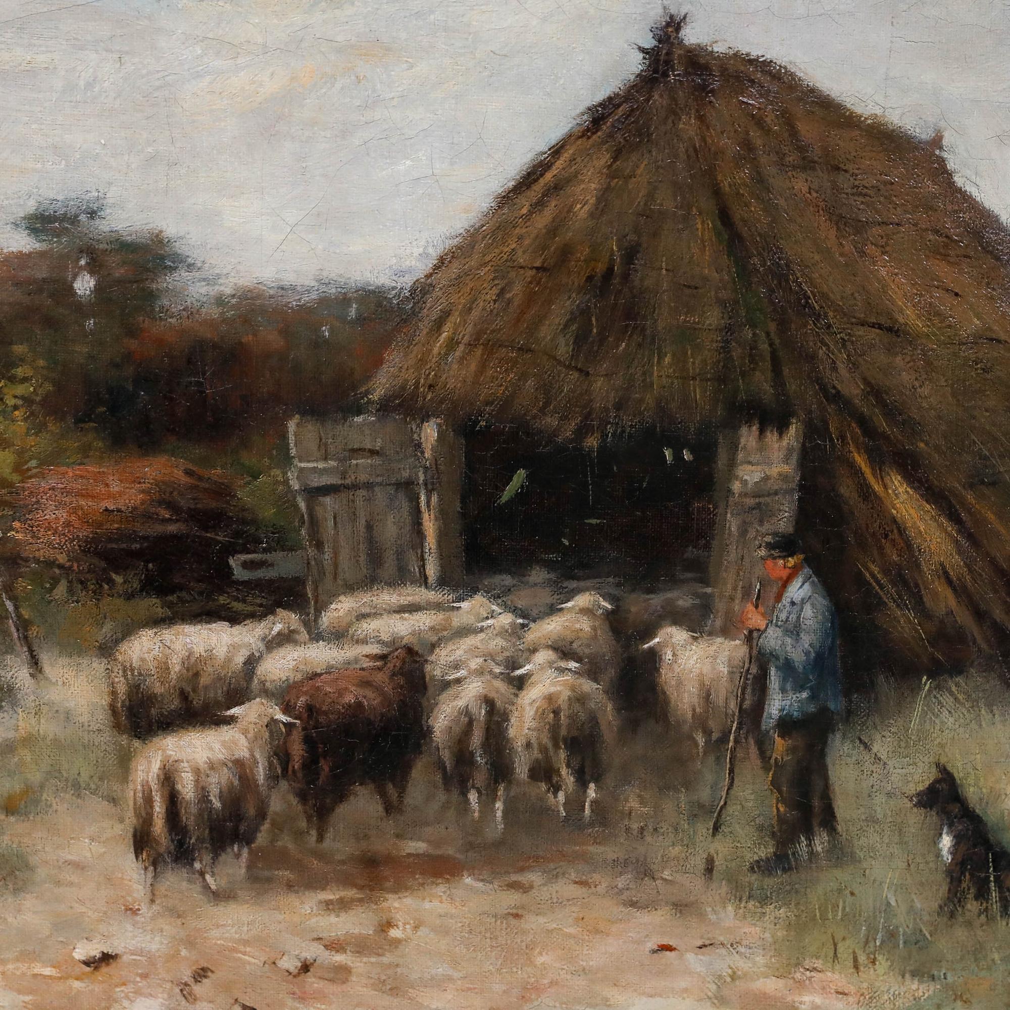 A shepherd and his loyal dog watch over their flock of sheep as they enter a thatched sheepfold in this late nineteenth, possibly early twentieth-century oil by the Dutch artist Johan Scherrewitz. Signed to the lower right. Well presented in a