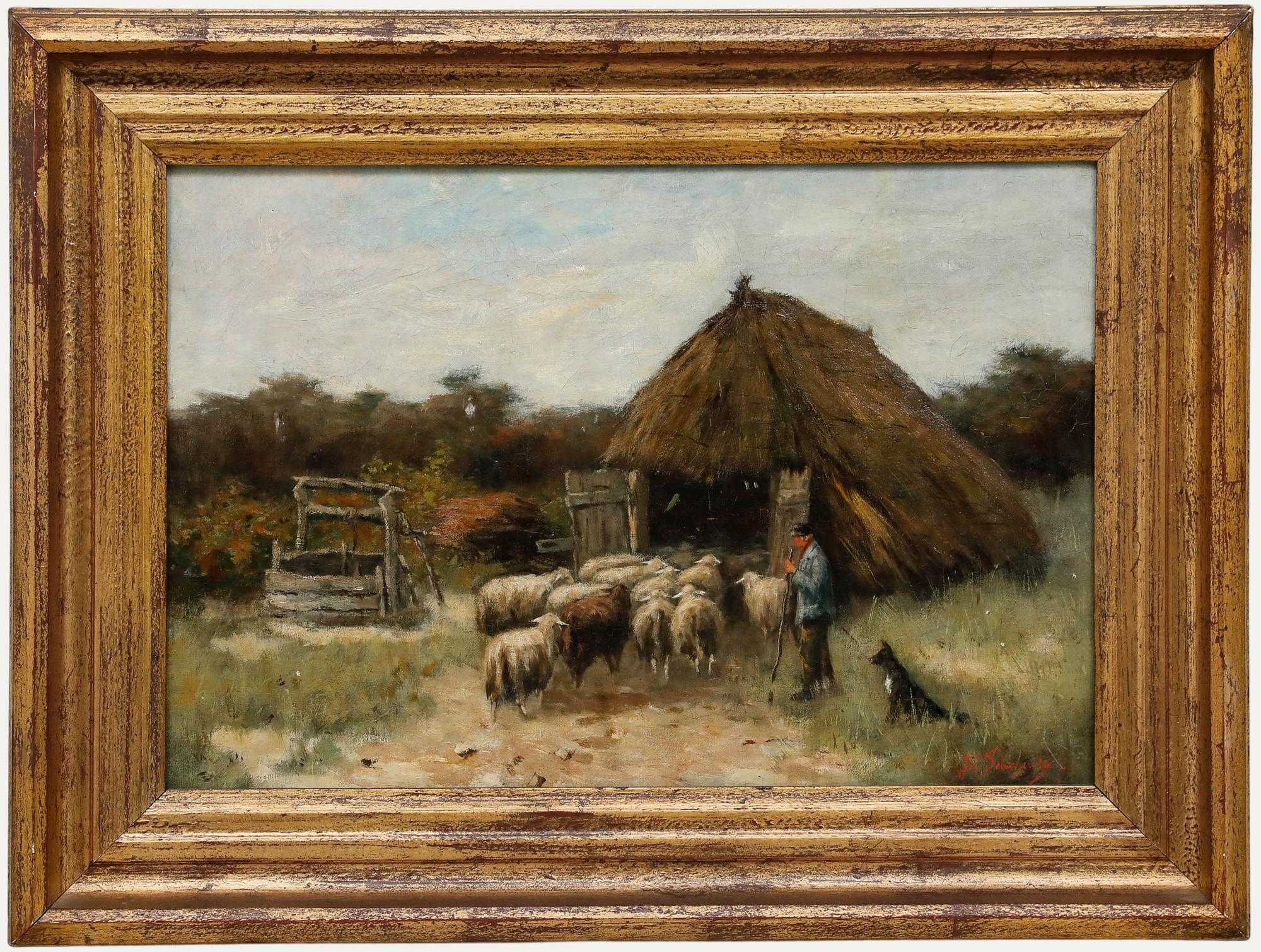 Unknown Landscape Painting - Johan Scherrewitz (1868-1951) - Framed Late 19th Century Oil, The Sheepfold