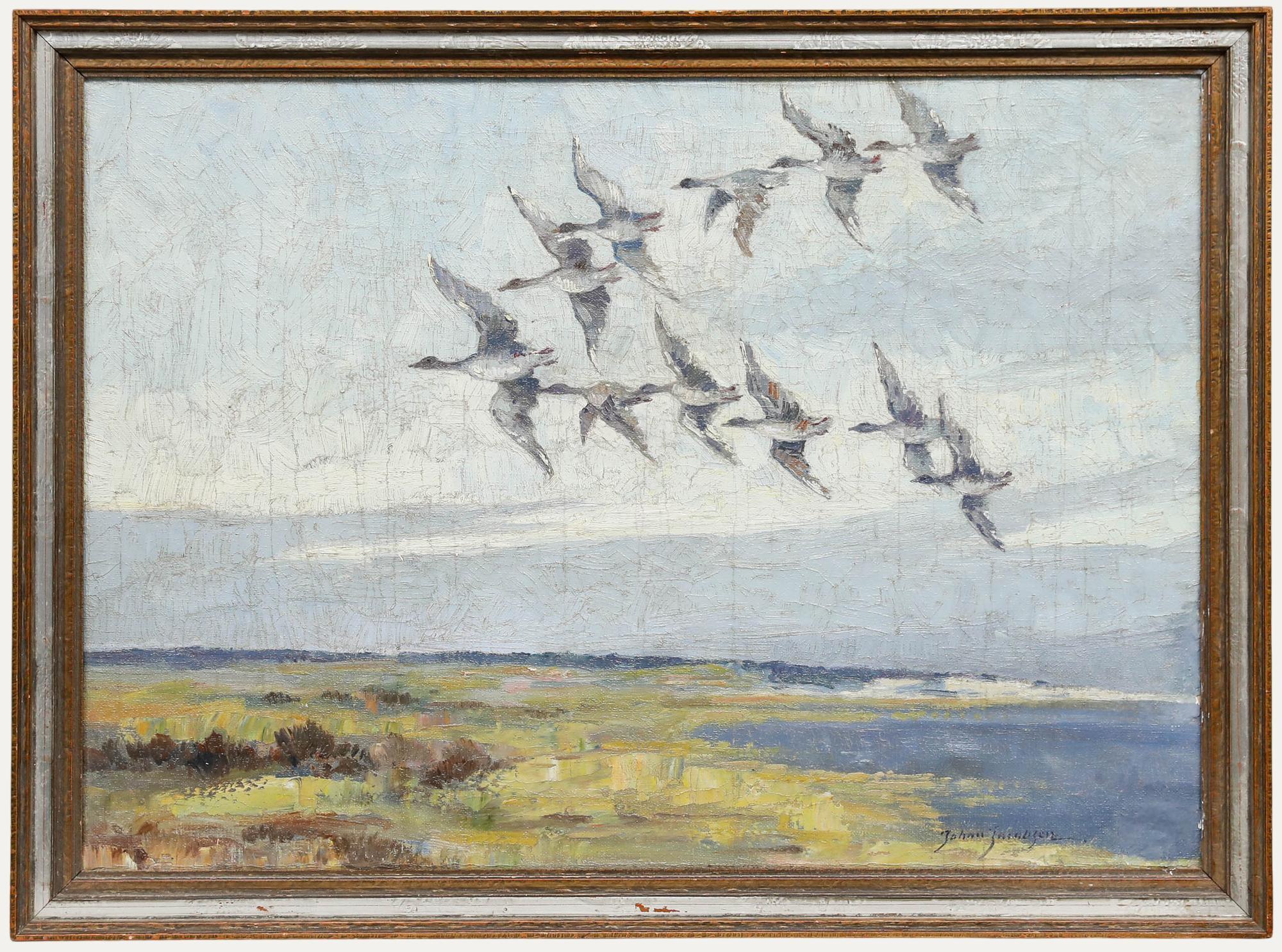 Johann Jacobsen (1883-1953) - Huile encadrée du début du 20e siècle, Un écheveau d
oies