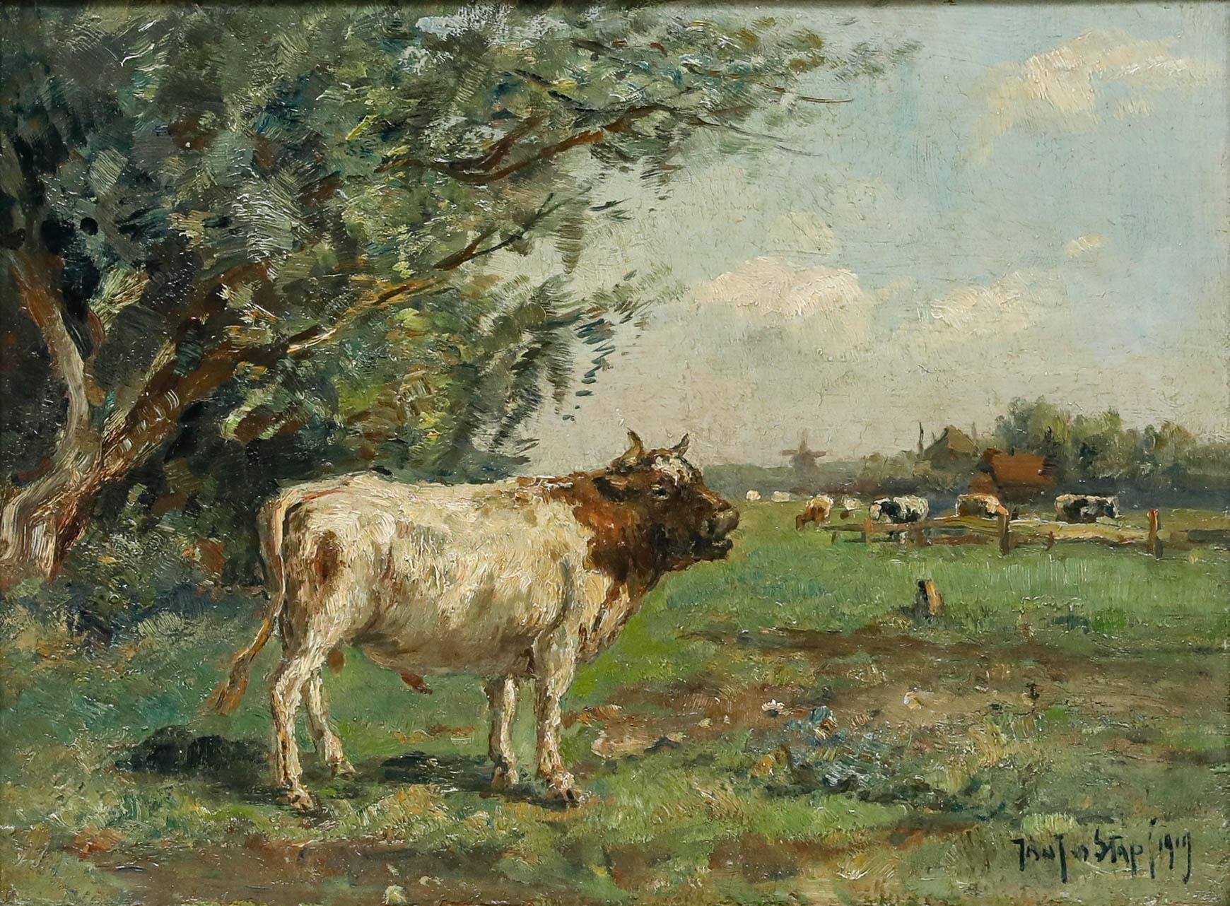Johannes Jacobus van der Stap (1874-1940) - Gerahmtes Öl von 1919, Stier in einer Landschaft – Painting von Unknown
