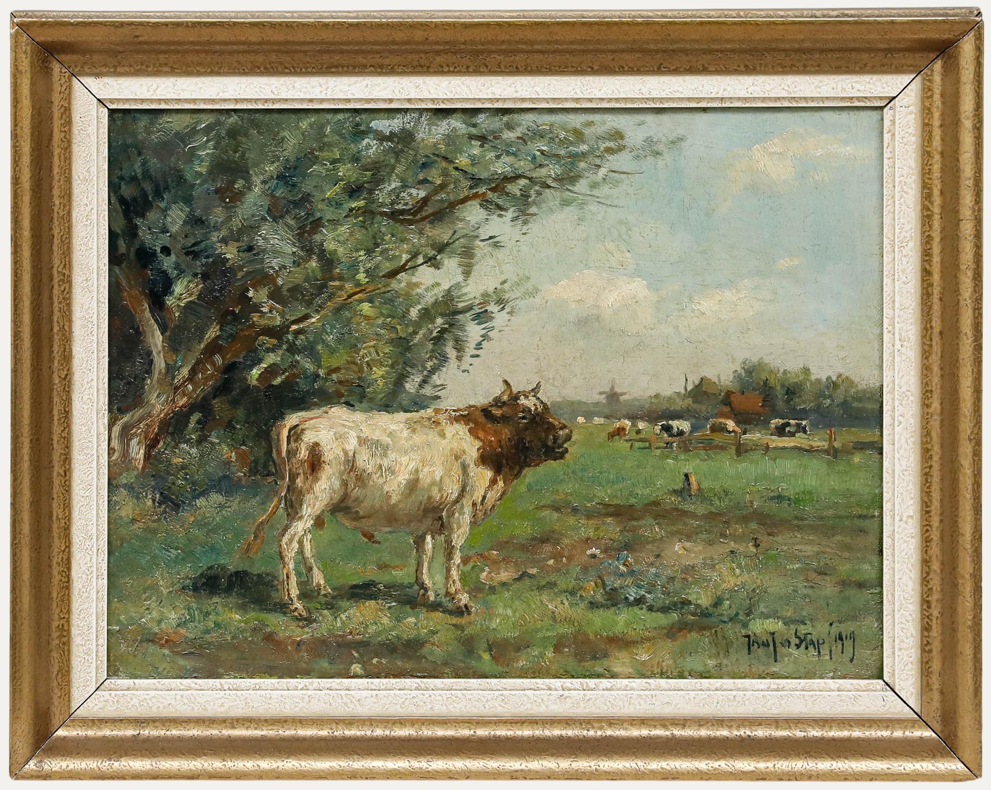 Unknown Animal Painting – Johannes Jacobus van der Stap (1874-1940) - Gerahmtes Öl von 1919, Stier in einer Landschaft