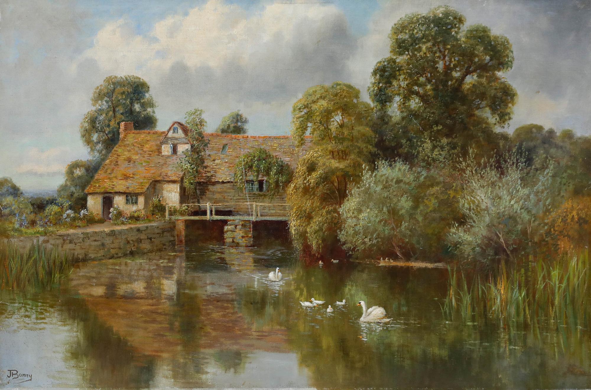 John Bonny (1874-1948) - Early 20th Century Oil, Swans by the Mill House - Painting by Unknown