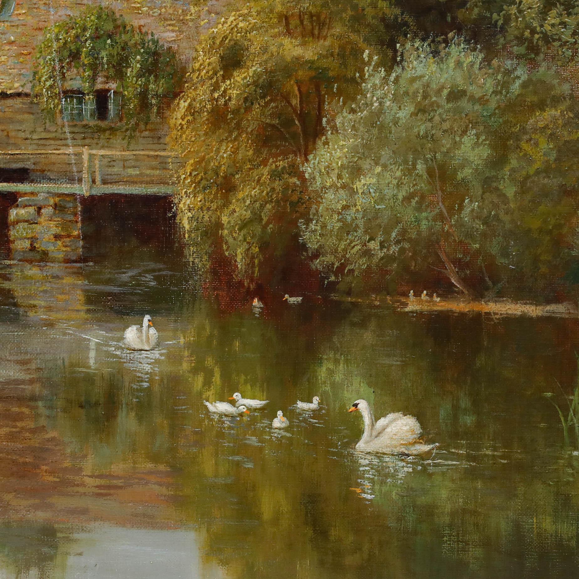 A serene landscape painting by John Bonny (1874-1948), depicting a quintessential rural scene with mill cottage nestled among lush trees and a tranquil river. The composition balances the warm earth tones of the cottage and foliage with the cool