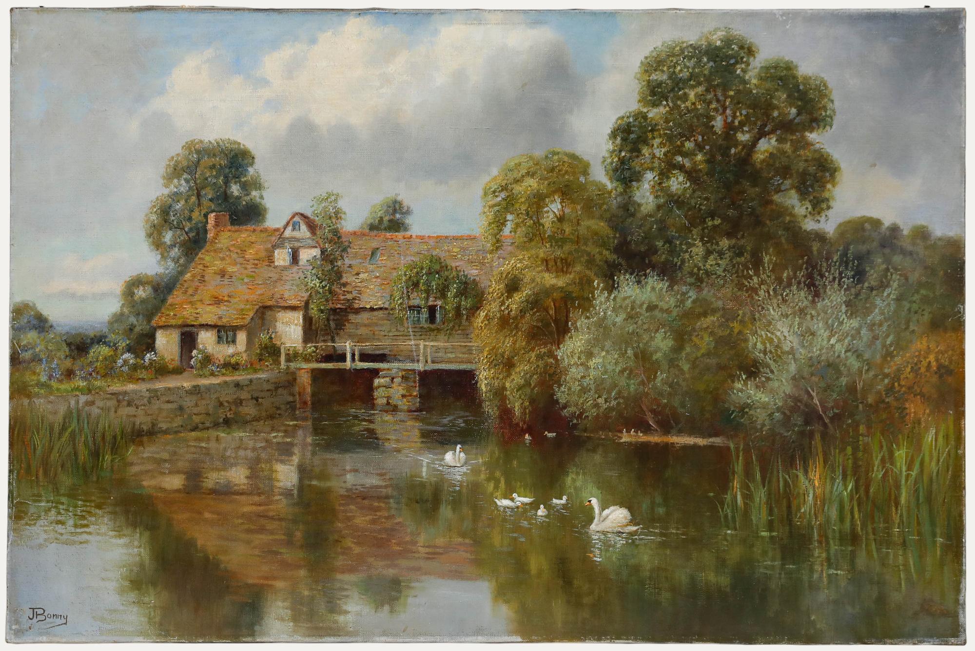 Unknown Landscape Painting - John Bonny (1874-1948) - Early 20th Century Oil, Swans by the Mill House