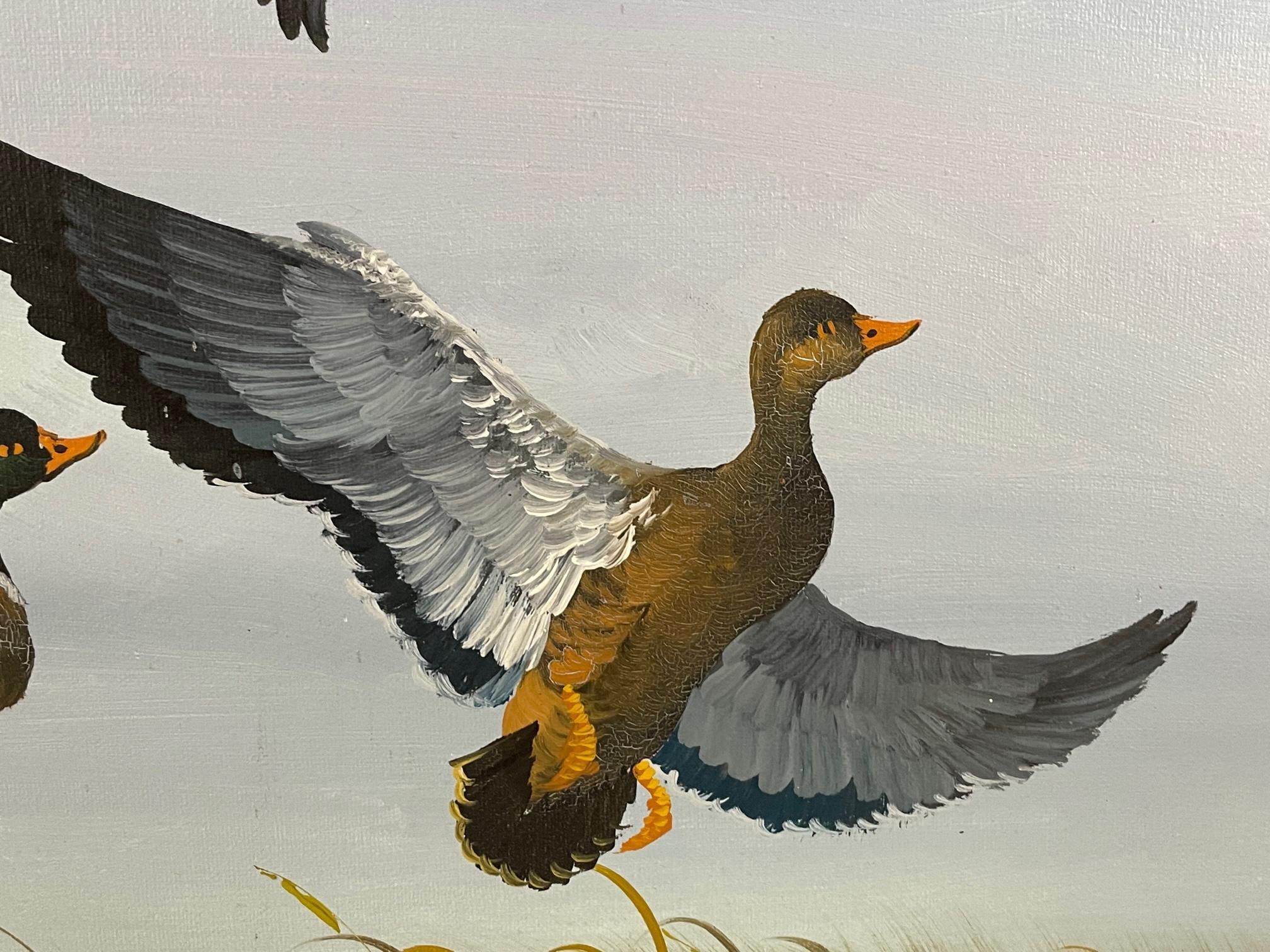 Oil on board painting of gooses flying over a lake entitled 