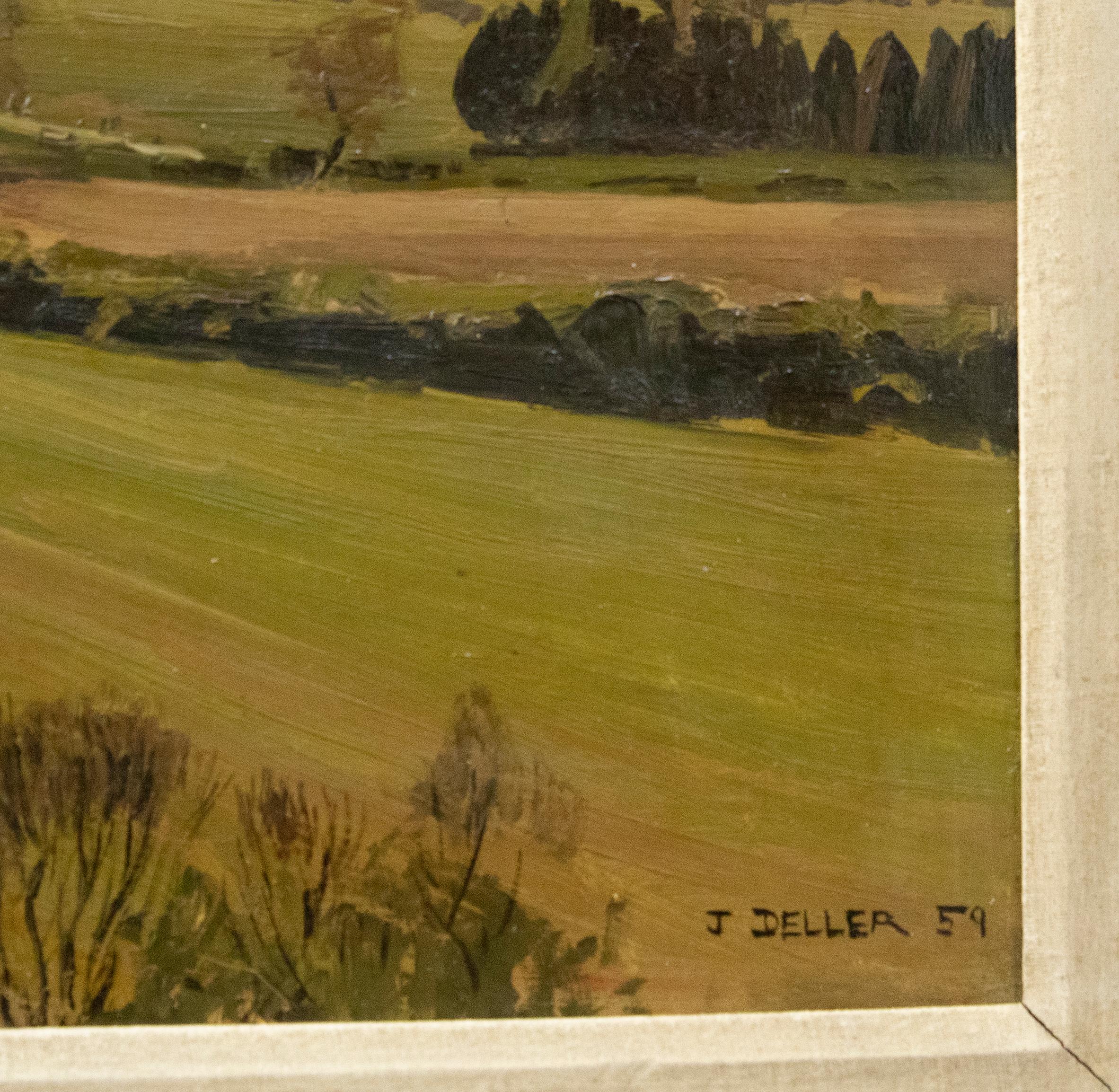 Eine impressionistische Ansicht der Yorkshire Dales von dem britischen Künstler John Deller. Deller hat die Komposition mit direktionalen Pinselstrichen in einer gedämpften Grünpalette aufgefangen, die dem Bild sowohl Textur als auch Tiefe