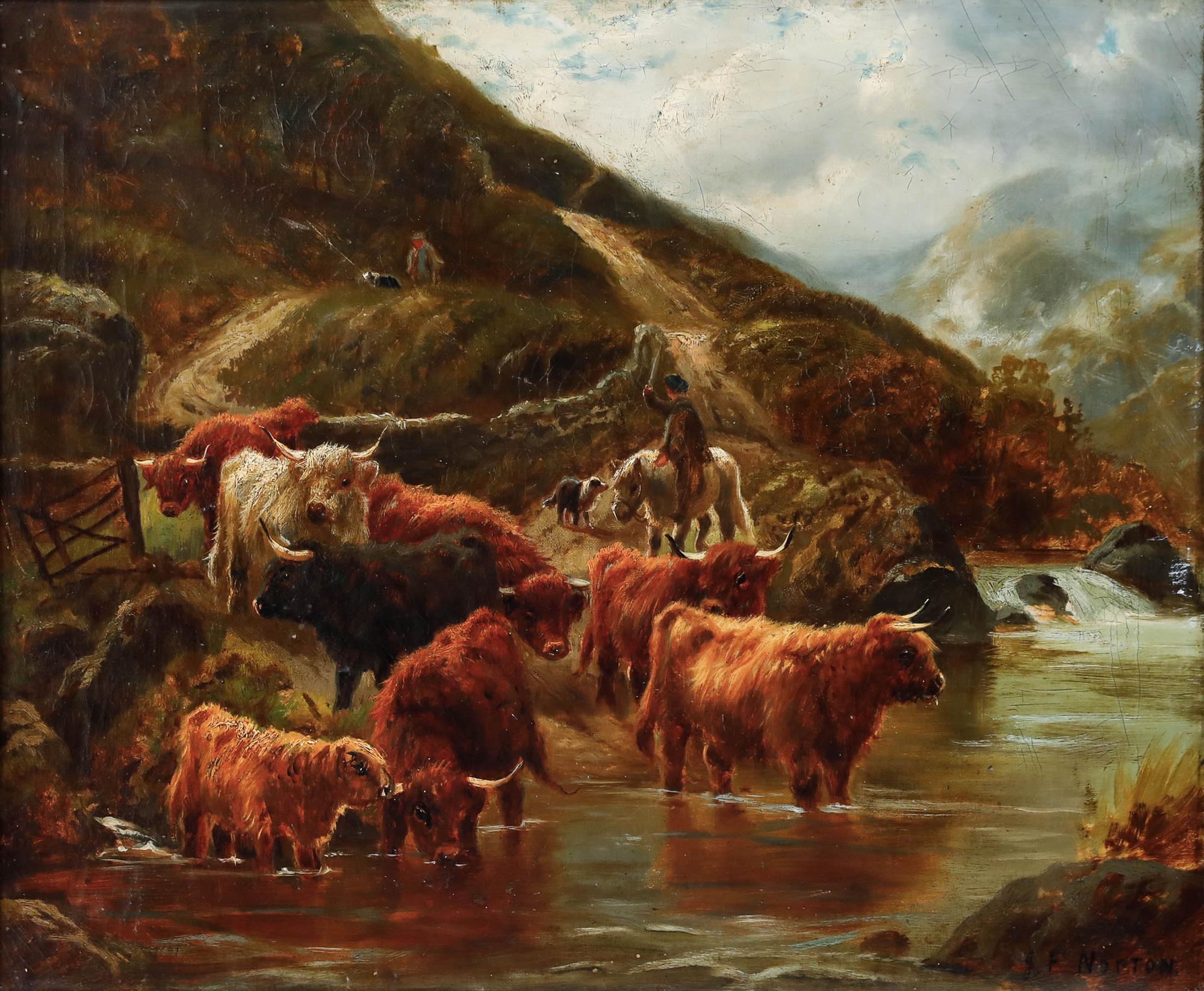 John F. Norton (1875-1940) - Gerahmtes Öl, Hochlandrinder tränken – Painting von Unknown