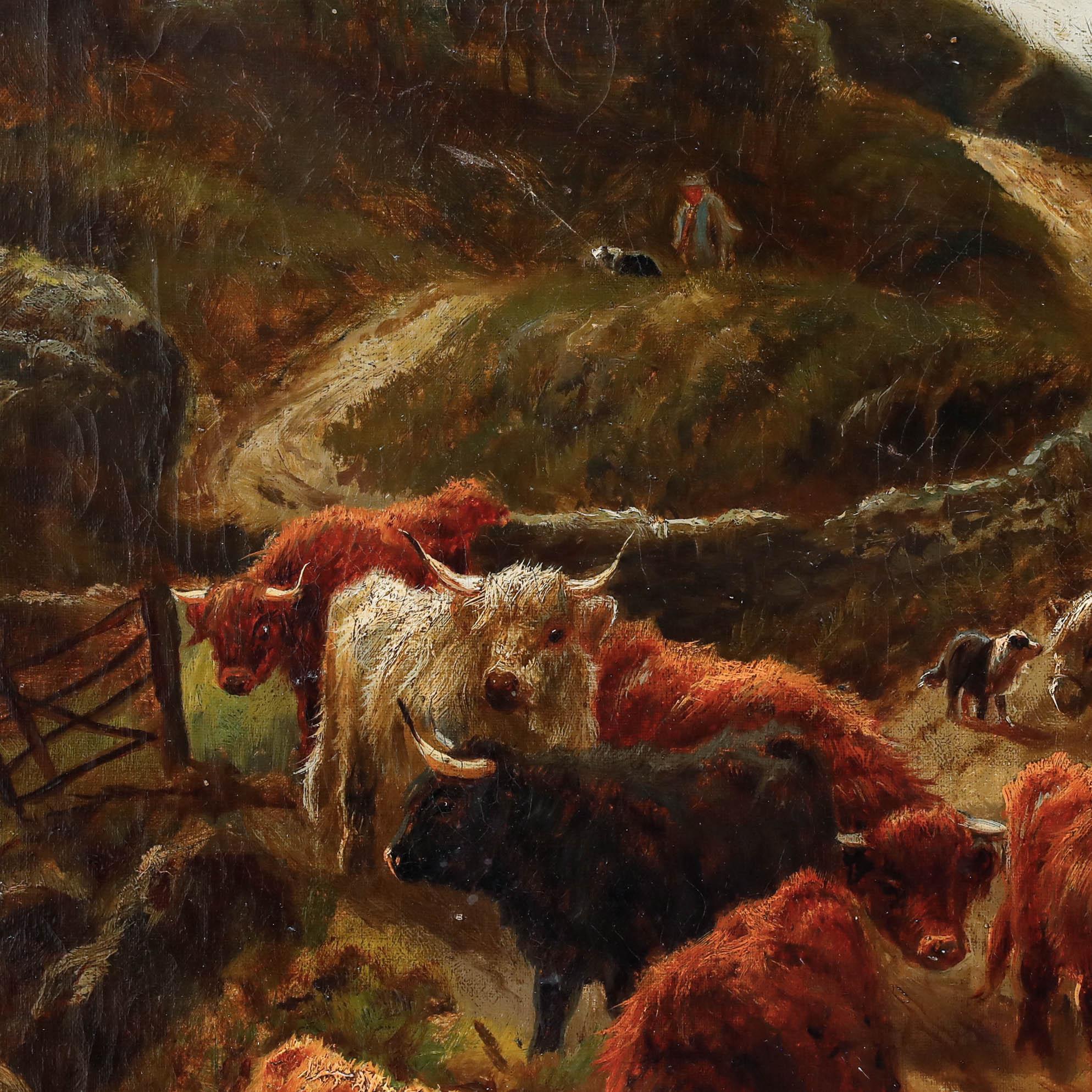John F. Norton (1875-1940) - Gerahmtes Öl, Hochlandrinder tränken im Angebot 1