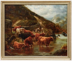 John F. Norton (1875-1940) - Olio incorniciato, Bestiame delle Highlands che si abbevera